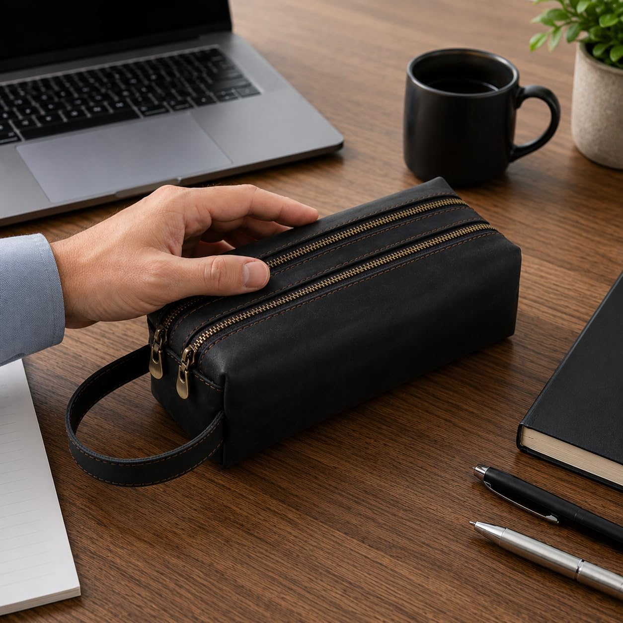 ECHSRT Genuine Cowhide Leather Pen Pouch for Adults, Double Zipper Pen Bag with Handle, Two Compartment Stationery Organizer for Office, Work and Travel, Raven Black