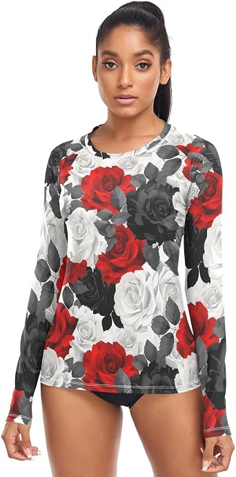panksolu White and Red Rose Rash Guard for Women Long Sleeve Swimsuits UPF 50+ Surf Swimsuits Top.XS