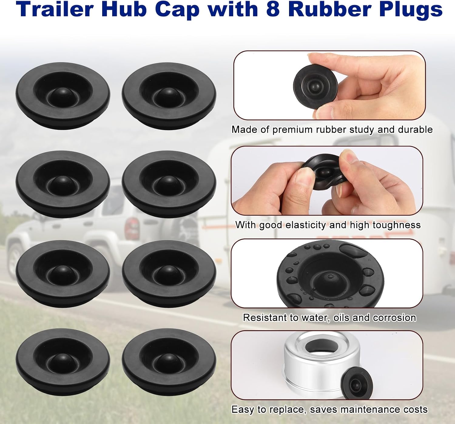 4PCS 2.44'' Trailer Hub Cap Trailer Wheel Bearing Dust Cap with Extra 4 Rubber Plugs Trailer Axle Dust Cap for EZ Lube Trailer Dust Cap 5200 to 6000 Lb