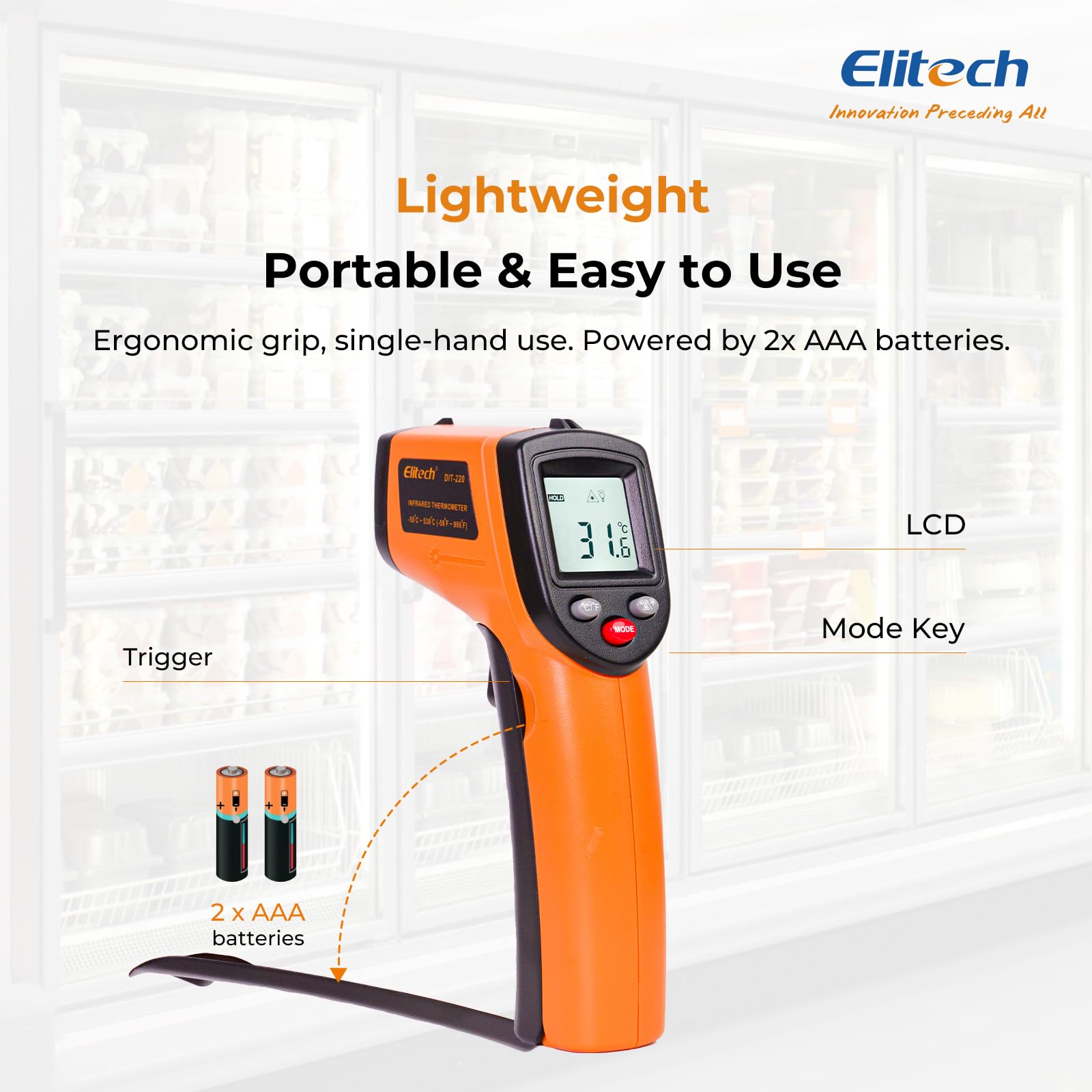 Elitech DIT-220 Termometro IR Digitale Senza Contatto -50°C a 530°C Emissività Regolabile