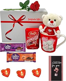 JOLAFUNBS Chocolate Hamper Gift Box Lindt Chocolates, Quality Street Chocolate Bars, teddy bear, Love Heart Sweets Mugs, Heart Candle &Card - Valentines,Birthday, Mother Days, Father Day & More
