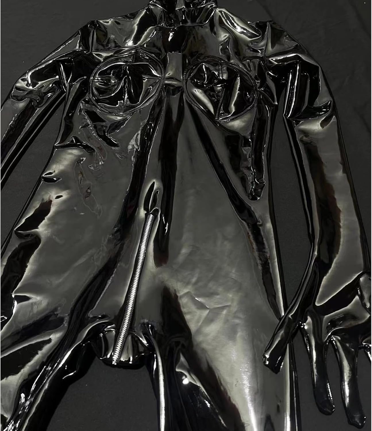 LESOYA Women's Full Body Suit Shiny Wetlook PVC Leather Catsuit Open Face Zipper Bodysuit with Gloves