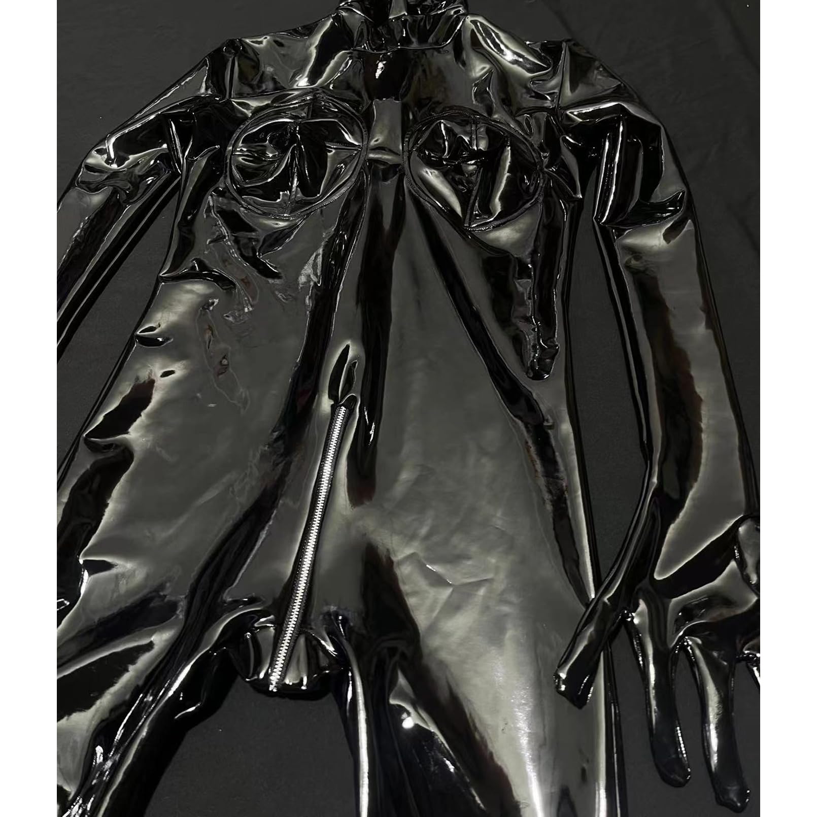 Damen Sexy Wetlook PVC Leder Catsuit mit Handschuhen Kapuze Ganzkörper Anzug Reißverschluss Overall
