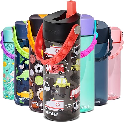 Miniatura 6 de Elemental Splash - Botella de agua para niños con tapa de popote a prueba de fugas y asa de reventar, botella de agua de plástico Tritan duradera de