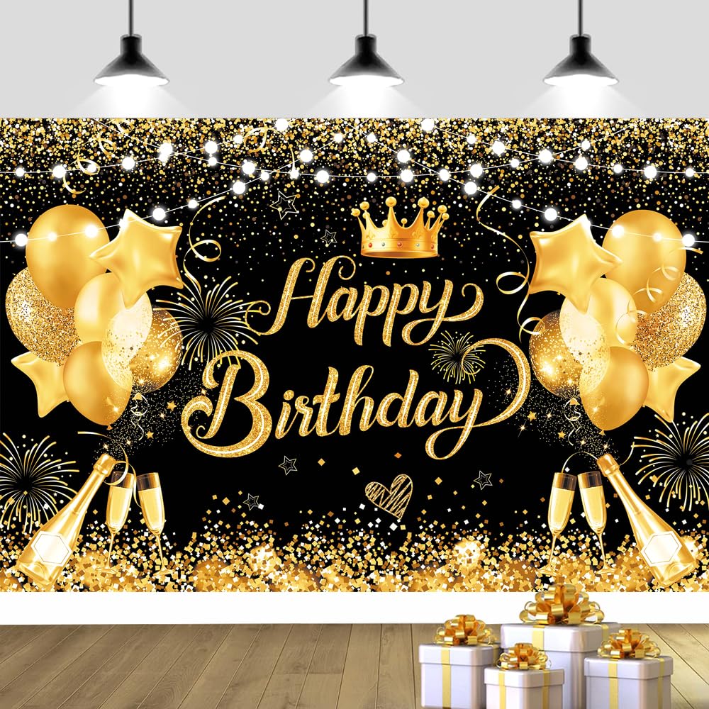 YinQin 180x120 cm Glitter Black Golden Happy Birthday Backdrops Photography Backgrounds Cloth 71x47 inch Bday Party Decorations Black Gold Happy