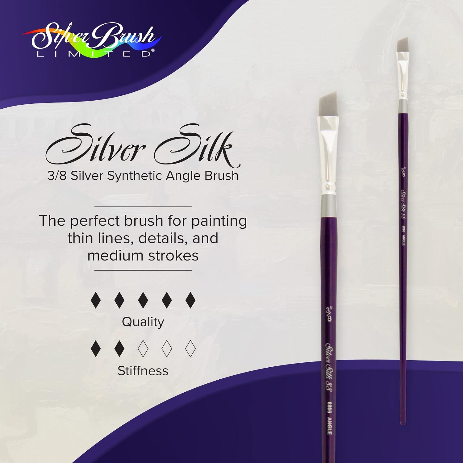 Silver Brush Limited 8806-3/8 Silver Silk 88 Angle Paintbrush for Acrylic, Watercolor, Gouache, Inks, & Dyes, Size 3/8 Inch, Long Handle