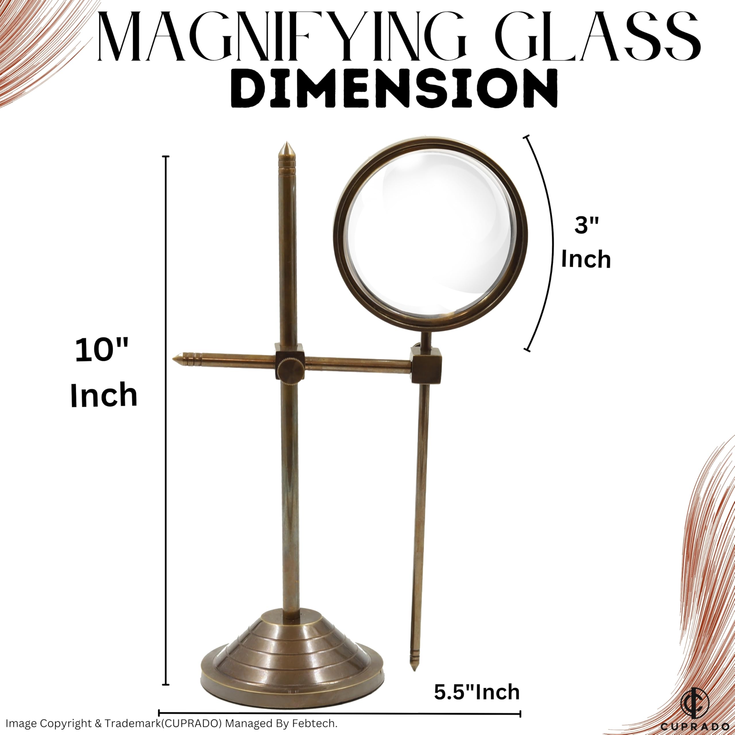 Antique Brass Adjustable Stand Magnifier – Vintage Desktop Magnifying Glass with Protective Base for Reading, Crafts, and Office Décor