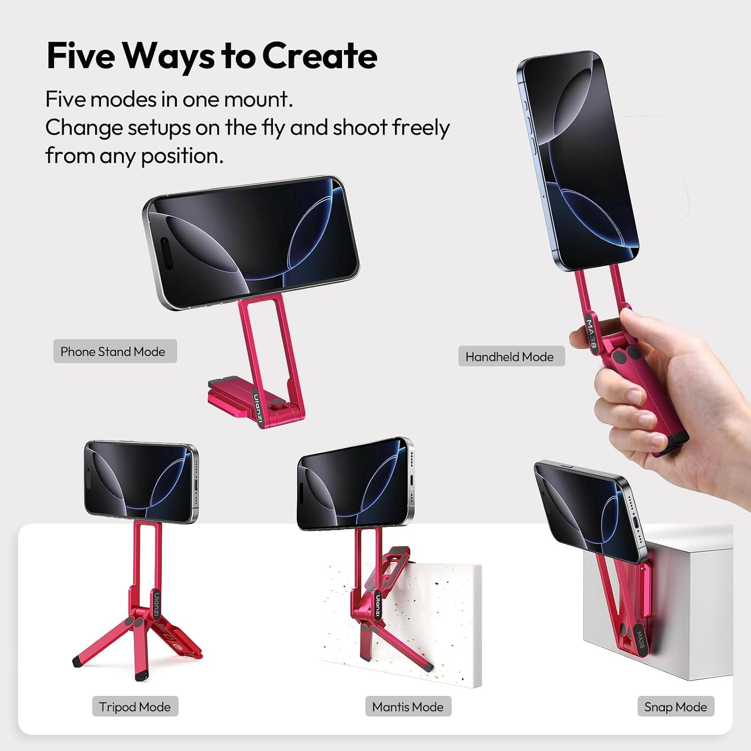 ULANZI Magnetic Phone Tripod for iPhone, MA38 Portable Phone Holder Mini Tripod for Magsafe with Double-Sided 1/4'' Screw Arca Uka Port Foldable Hook for iPhone 17/16/15/14/13/12, Travel Vlog Red