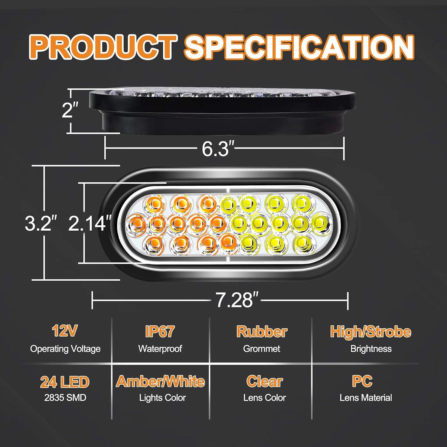 2 Pcs 6.5 Inch Oval Amber/White Strobe Lights 24LED Recessed with with Quad Flash Patterns for Truck Towing Trailer Lights Lamps, Rubber Grommets and 3-Prong Wire Pigtails Included, 12V
