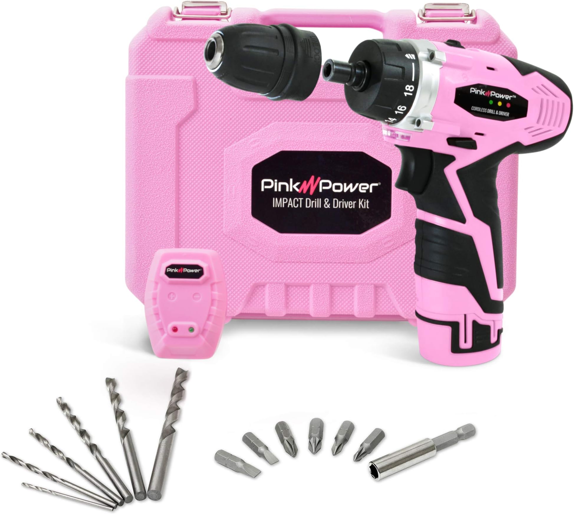 Careland Pink Power PP121ID 12V Cordless Impact Drill Driver Tool Kit for Women- Tool Case, Lithium Ion Electric Drill, Bit Set, Battery and Charger