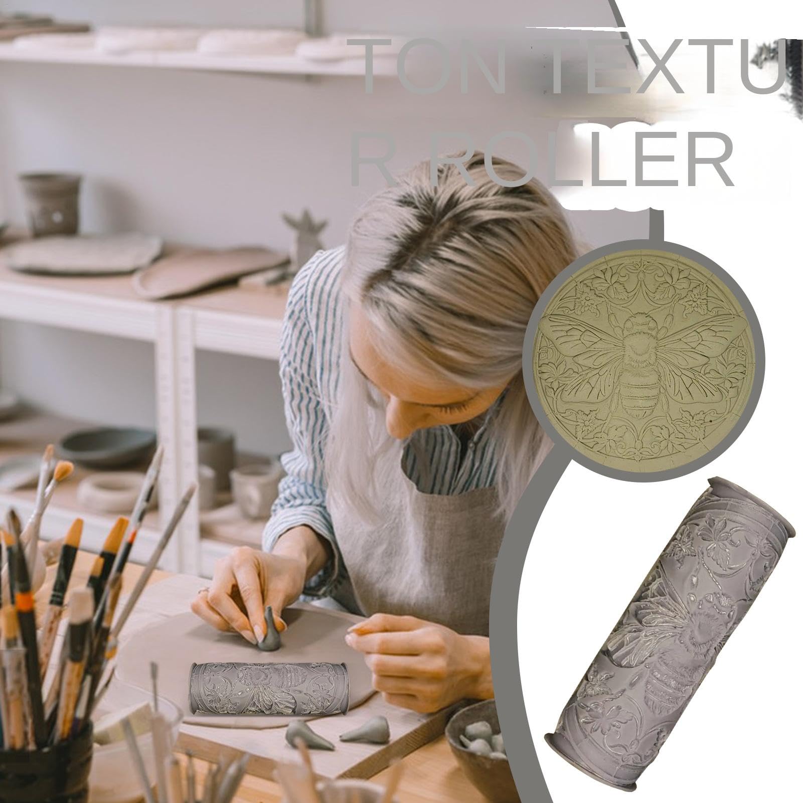 Produktbild von Generisch Tonplattenwalze, Texturwalze Für Ton | Rolling Pin Clay Roller Textured Modeling Muster | Bastelzubehör, Kunsthandwerksmarken Mit Vogelbienenwalmuster, Keramikwerkzeuge Für Keramikkeramik
