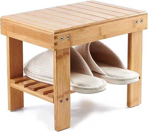 Miniatura 8 de HOIGON Paquete de 2 taburetes de bambú de 13 pulgadas, taburete de bambú con estante de almacenamiento, taburete de bambú para el hogar, jardín, baño