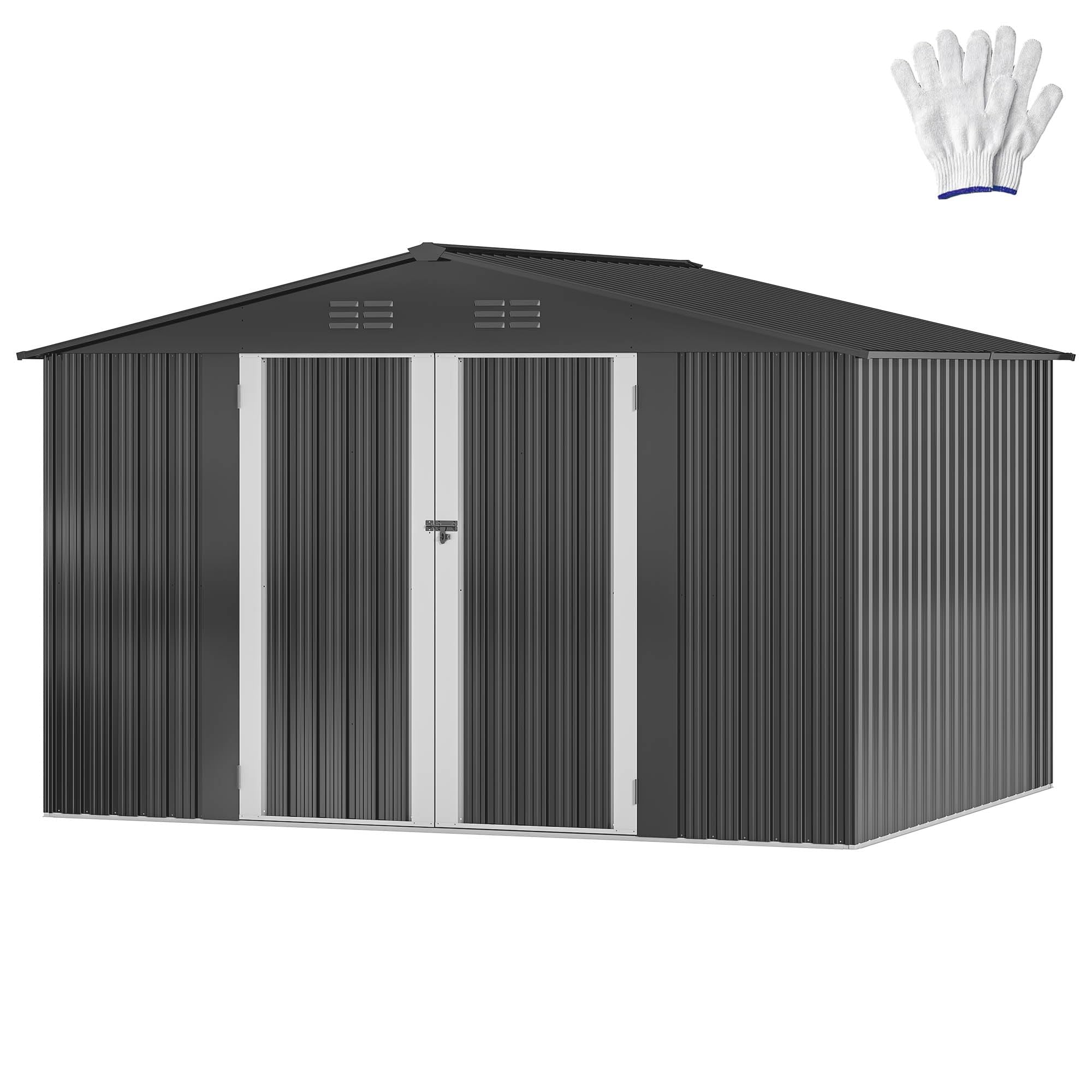 DWVO Metall Gerätehaus 10x8 Fuß 292x225x194 cm wasserdichter Gartenschuppen abschließbare Tür Belüftung Dunkelgrau