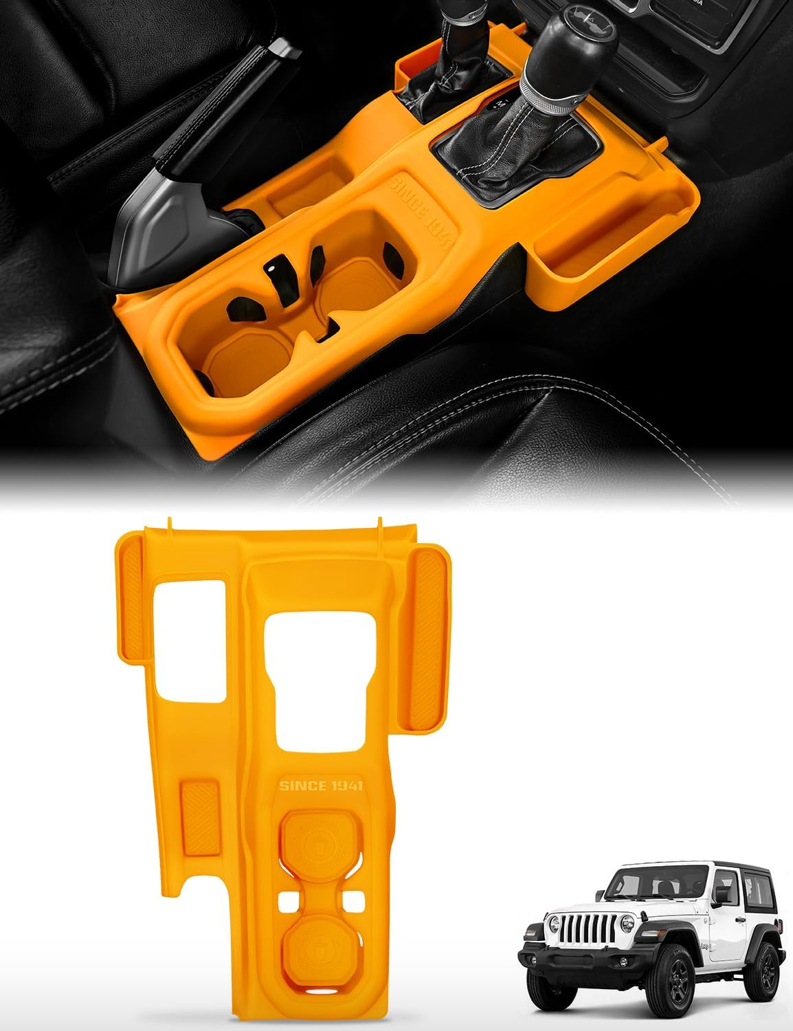 3-in-1 Silicone Center Console Liner Tray for Jeep Wrangler JL/JLU & Gladiator JT|Non-Slip Cup Holder Mat & Center Console Protector Liner Pad& Side Storage Pocket Interior Accessories (Orange)