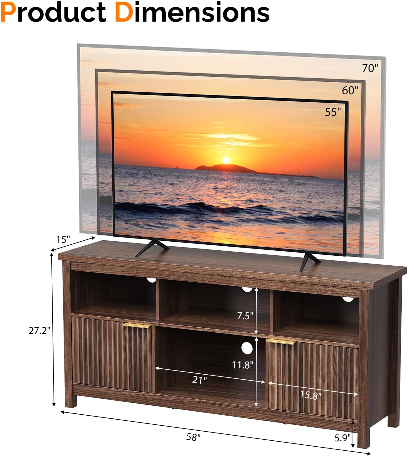 VINGLI 58" Fluted TV Stand for TVs up to 70", Modern TV Stand with Storage & Adjustable Shelves, Elegant Media Console Entertainment Center for Living Room & Bedroom, Walnut