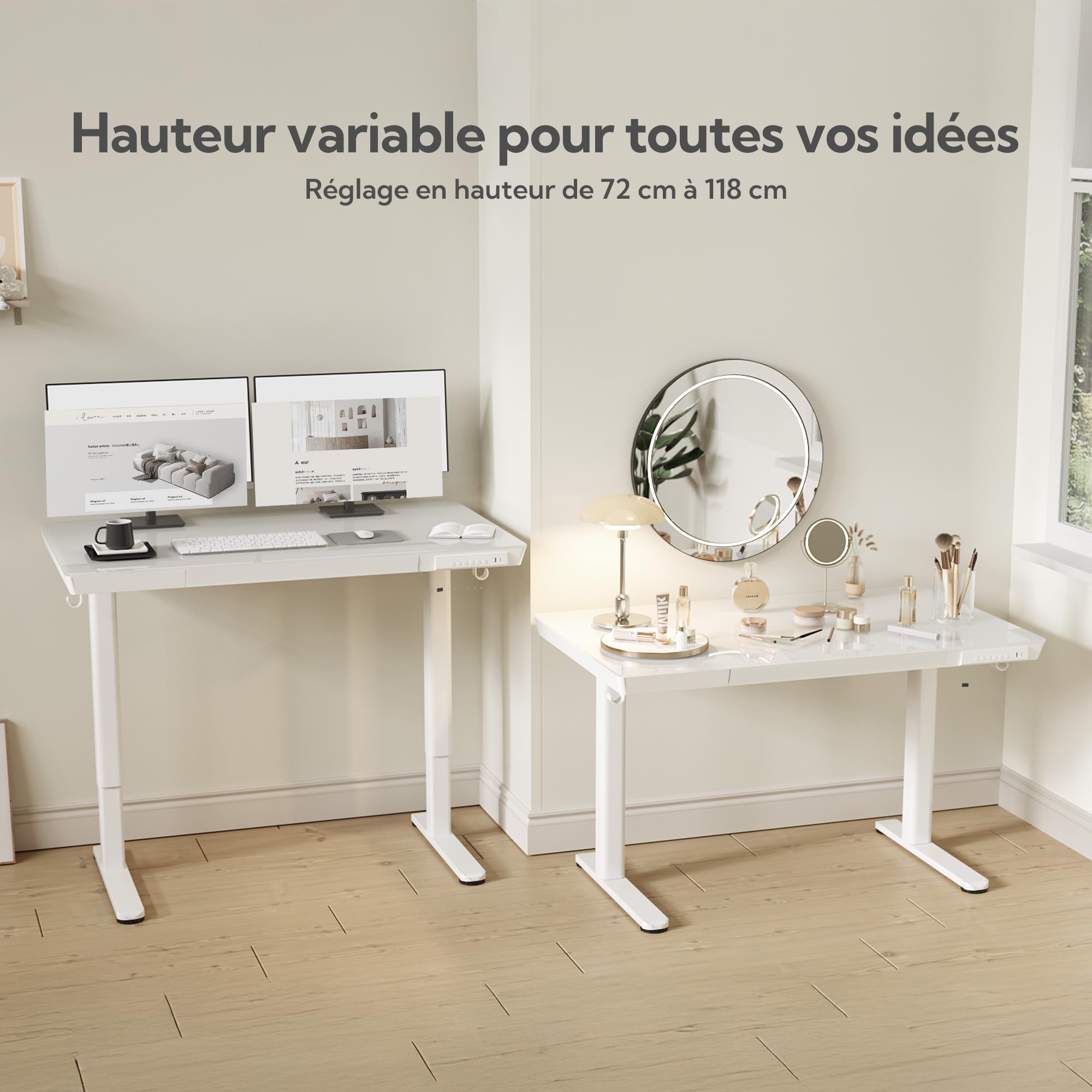 Claiks Bureau réglable en hauteur avec plateau en verre monobloc 140 x 60 cm (Blanc, 140 x 60 cm
