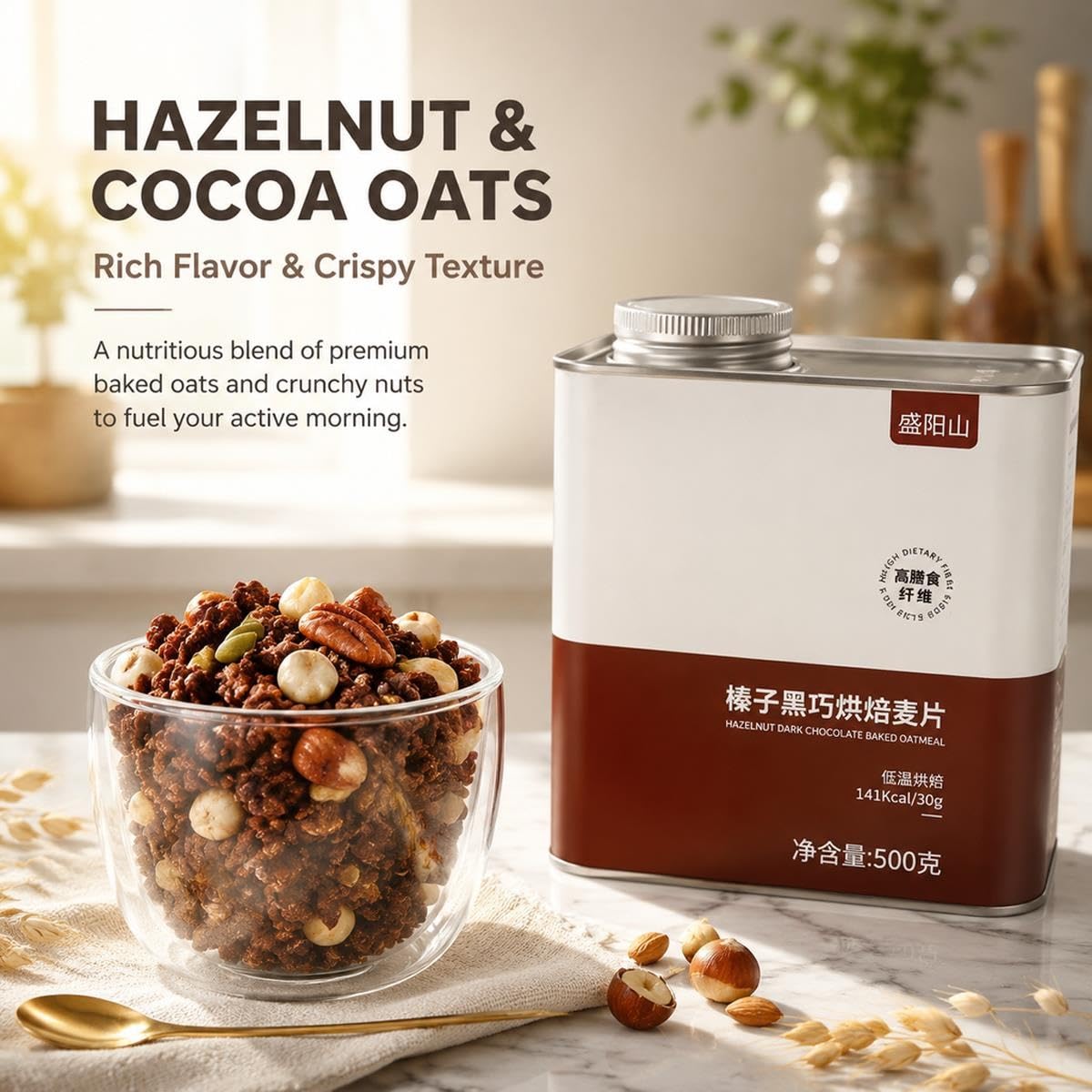 Granola de Chocolate Negro y Avellanas, Avena y Frutos Secos, 500 g
