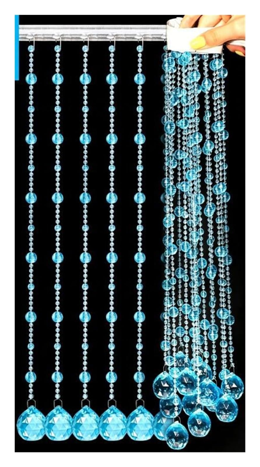 Rideau de perles 19 cordes en cristal artificiel bleu avec support adhésif 1M