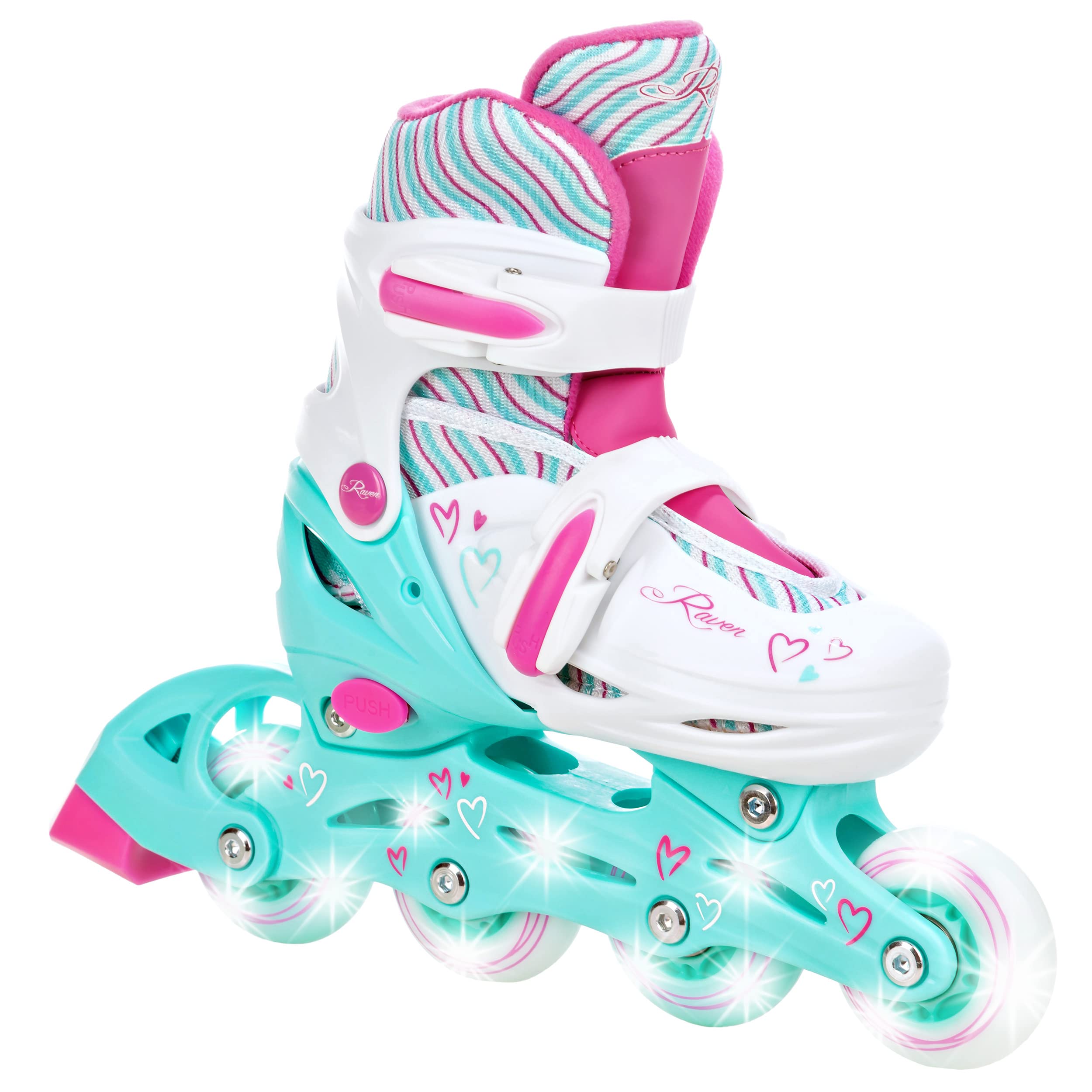Raven - Roller en Ligne Loret Roues LED du 27 au 30 + Patin à Roulette + Patin à Glace + triskate Enfant Mixte Taille Ajustable Menthe/Rose Raven
