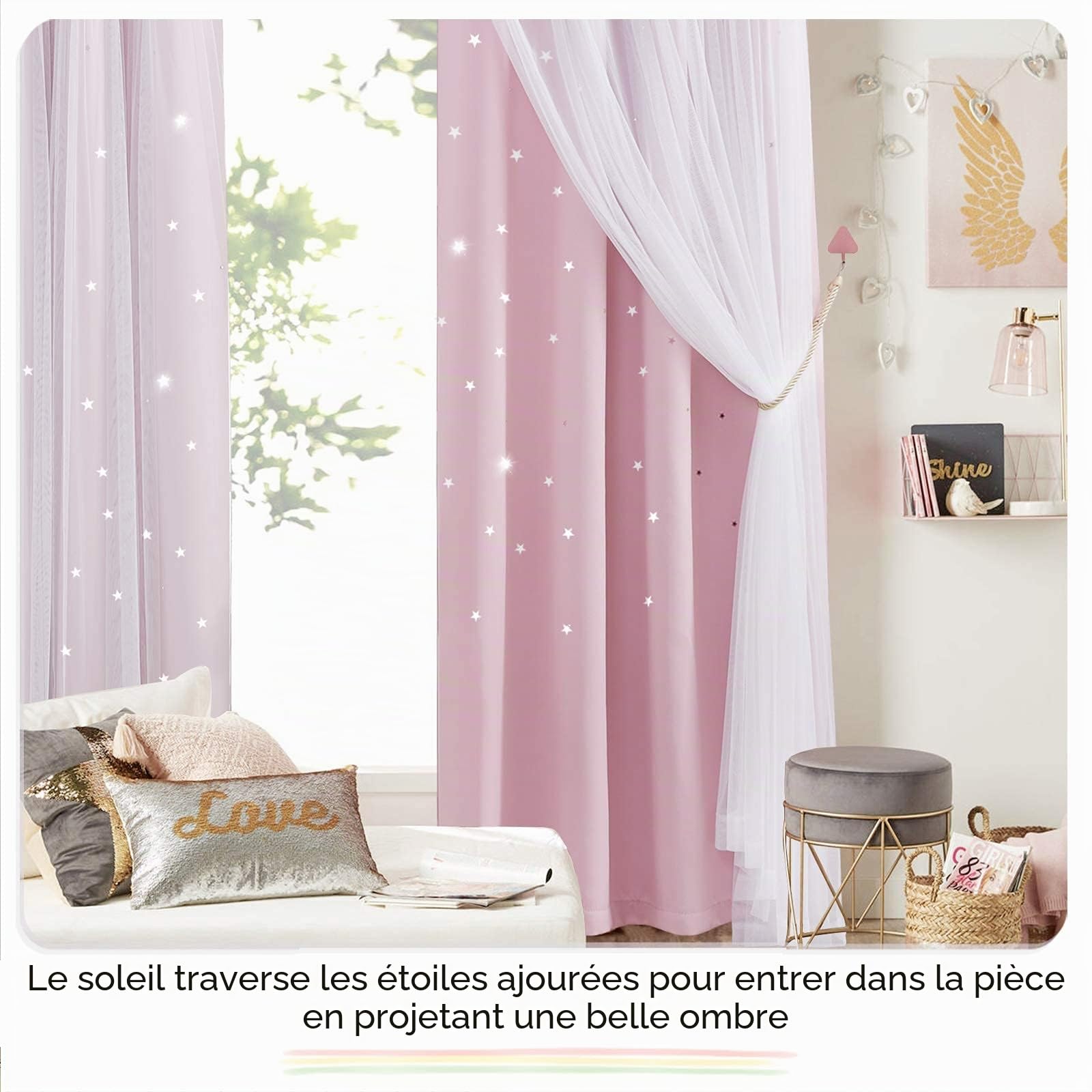 NICETOWN Rideaux Rose Occultant - Double Rideaux Décoration du Maison Chambre Fille Etoile Motif Perforées 2 Couches avec Voilage Blanc, L 132 sur H 240 cm, Rose Clair, 2 PCs