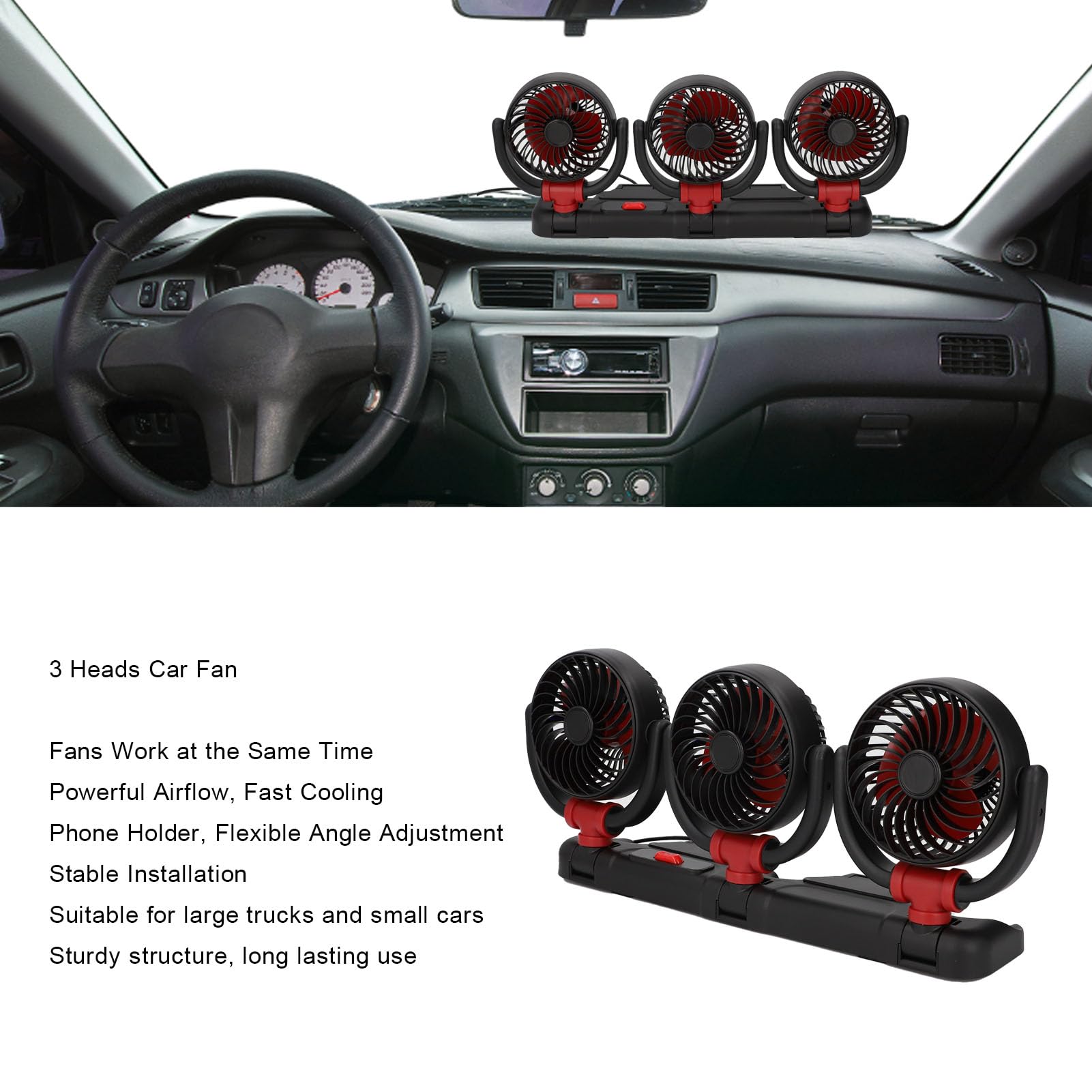 Ventola di Raffreddamento a 3 Teste Ventilatore Elettrico per Auto Portatile 12V PVC Triplo Flusso d'aria con Supporto per Telefono Supporto a Ventosa per Camion SUV RV Van Boat Drivers (24V)