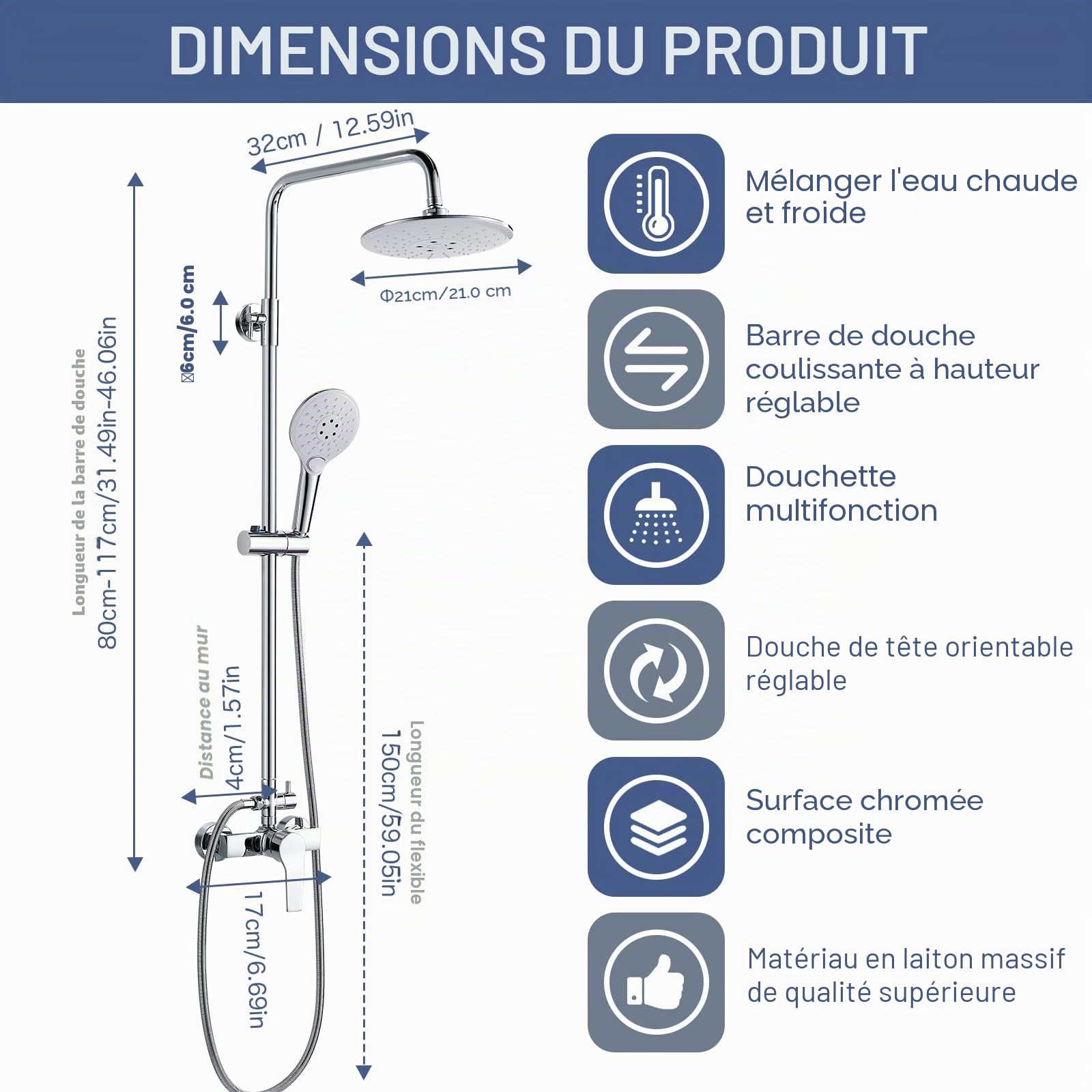 kisimixer Colonne de Douche avec Mitigeur Douche Monocommande, Ensemble de Douche Réglable en Hauteur, Mitigeur Mécanique Système de Douche avec Tête de Douche Ronde 20CM et Douchette 3 Jets, Chromé