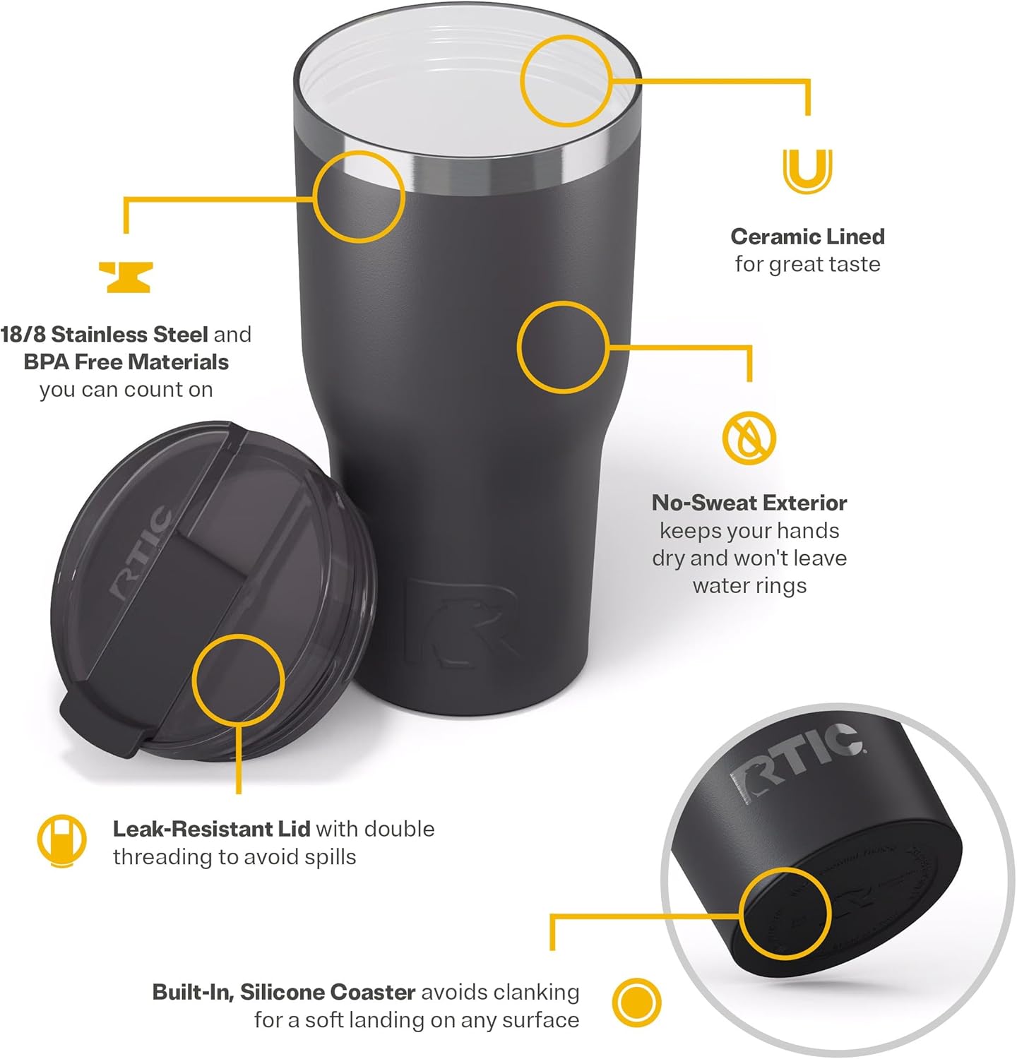 RTIC 30oz Essential Tumbler with Lid, Ceramic Lined, Insulated, Stainless Steel, Metal, Double Wall Vacuum-Insulation, Travel Cup for Iced Coffee, Tea, Hot and Cold Drink, Graphite - Image 4
