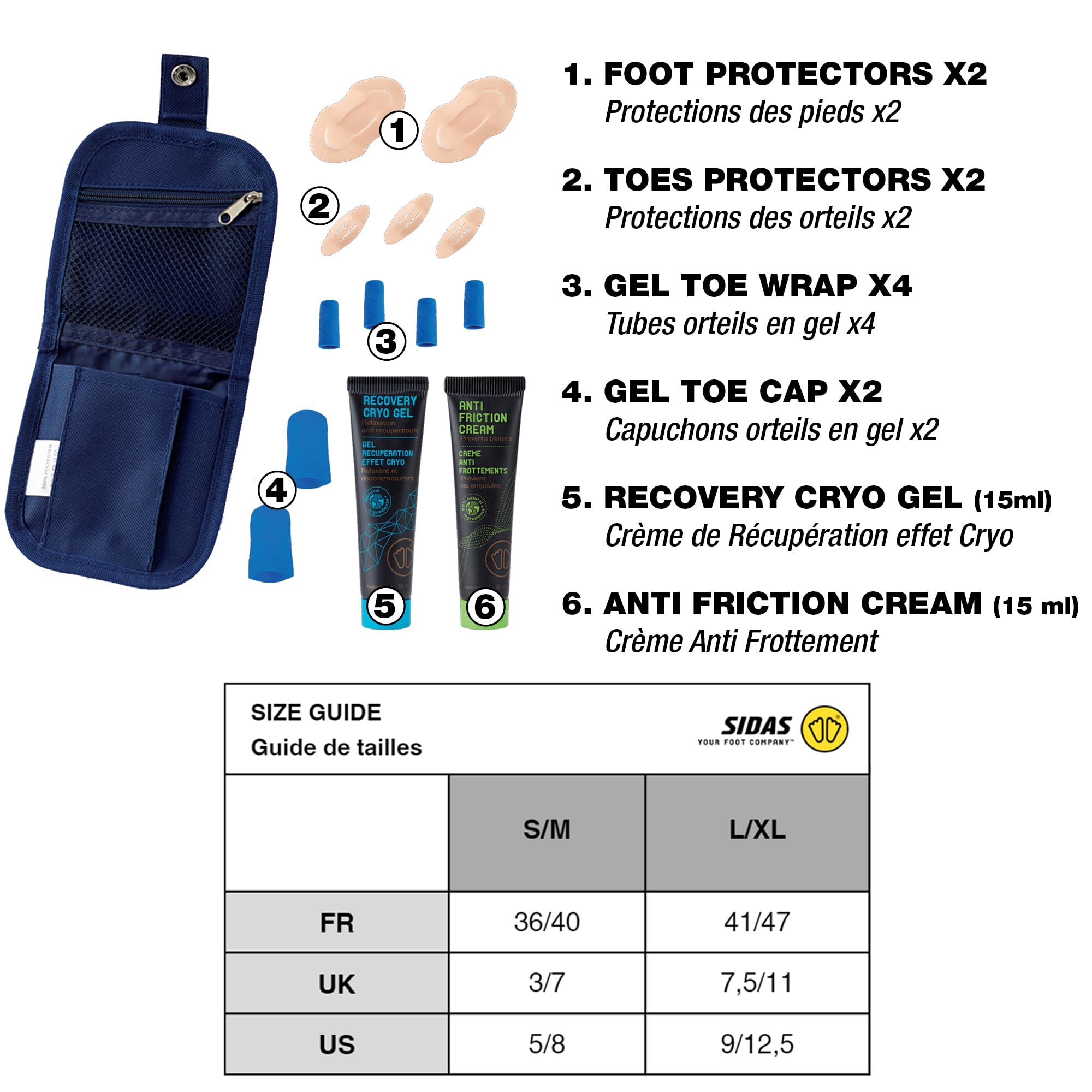 Sidas Footcare Kit, Kit de Protections pour Les Pieds, Protège et Soulage Les Pieds, crème en Gel, Anti-frottements, Taille S/M