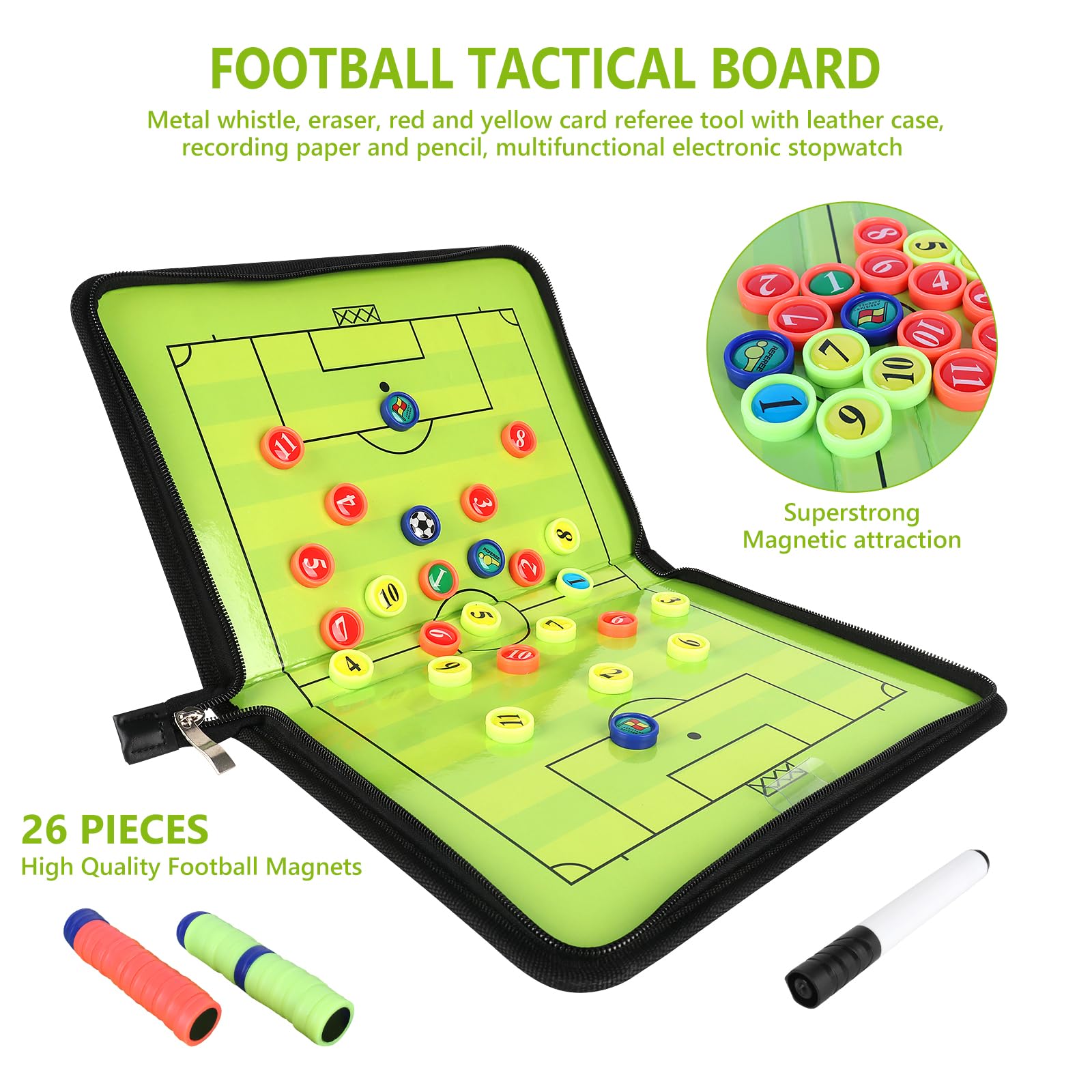 LUFEIS Pizarra Futbol Entrenador, Portátil Pizarra Futbol Entrenador, Carpeta Táctica Plegable con Imanes, Lapiceros, Silbar, Temporizador y Borrador, para Entrenadores Futbol Tablero