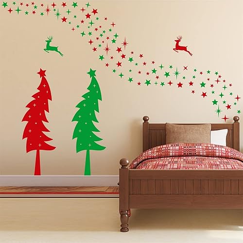 Miniatura 5 de Calcomanías de pared grandes para árbol de Navidad, vinilo rojo y verde, calcomanías de pared de pino para despegar y pegar, estrellas y árboles de