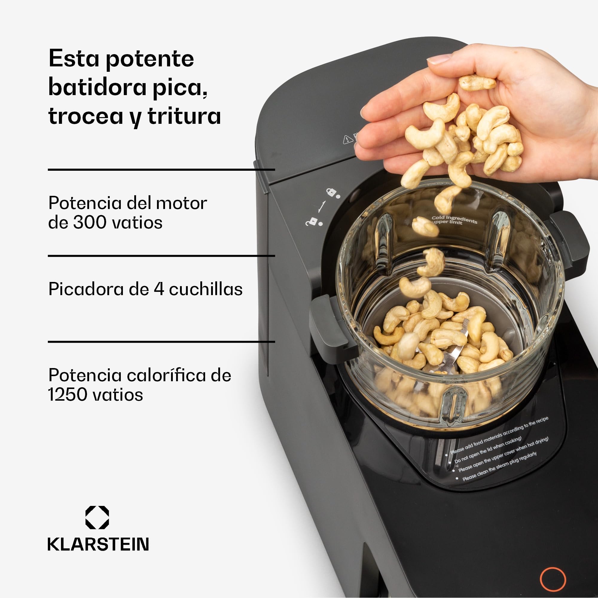 Batidora de pie Klarstein con 300 y 1250 vatios de potencia calorífica, para preparar leche vegetal y batidos, con tecnología de calentamiento de 360°, 30.000 rpm, pantalla táctil, negro
