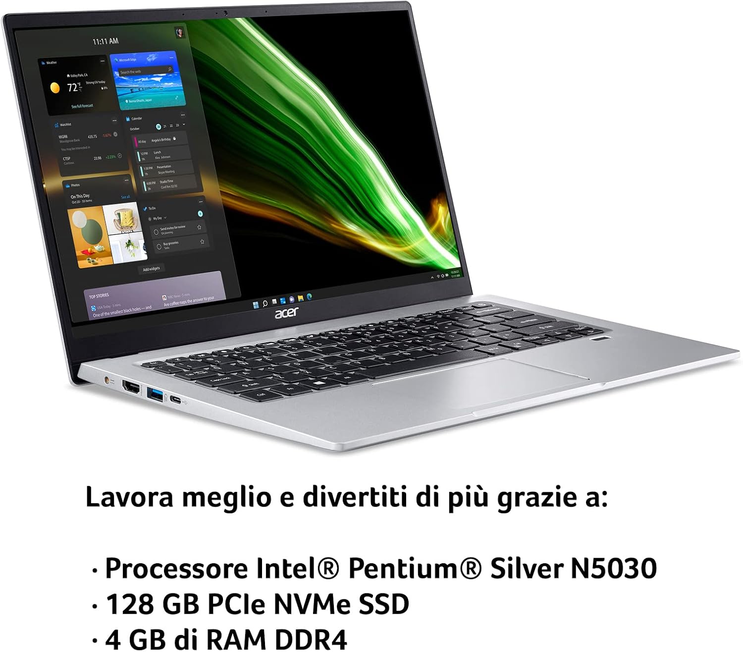 Acer Swift 1 SF114-33-P534 PC Portatile, Notebook, Processore Intel Pentium N5030, Ram 4 GB, 128 GB SSD, Display 14 FHD IPS LED, 1,3 Kg, Batteria 16 ore, Windows 11 Home in S mode, Microsoft 365 Acer Swift 1 SF114-33-P534 PC Portatile, Notebook, Processore Intel Pentium N5030, Ram 4 GB, 128 GB SSD, Display 14 FHD IPS LED, 1,3 Kg, Batteria 16 ore, Windows 11 Home in S mode, Microsoft 365