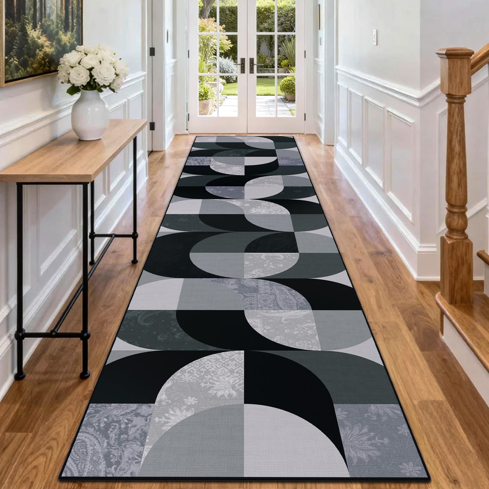 Boho Teppich Läufer Flur 80x300 cm, Schwarz Waschbar Küchenteppich, Geometrischer rutschfester Flurläufer Lang, Weicher Kurzflor Küchenläufer für Eingänge Schlafzimmer Wohnzimmer Korridor Küche