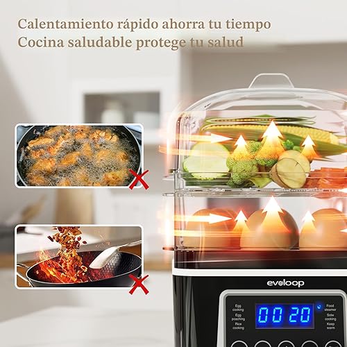 Miniatura 6 de Vaporizador eléctrico de alimentos de 2 niveles para cocinar, vaporizador digital multivegetal de 4 cuartos de galón con cestas apilables sin BPA,