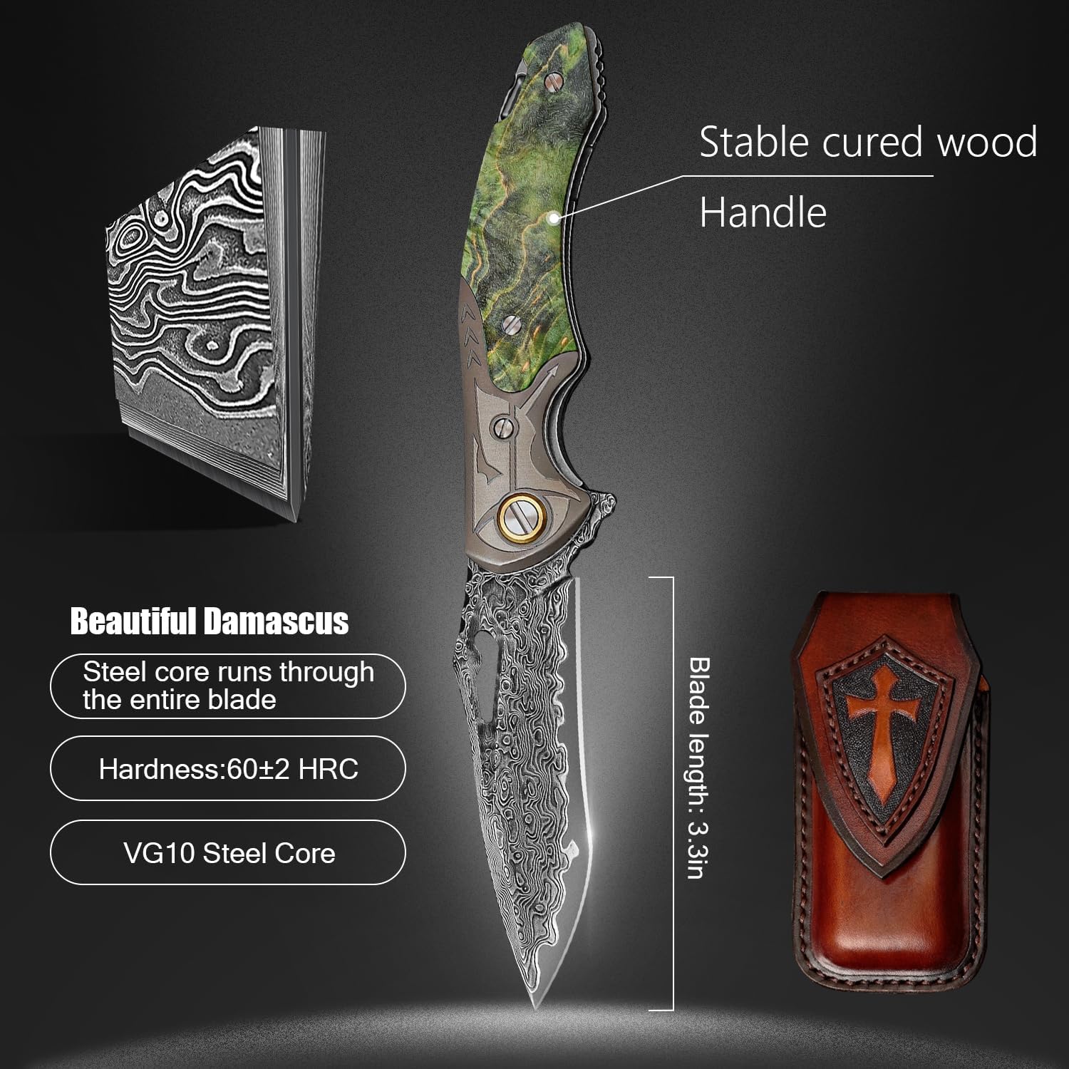 VG10 Damascus Steel Folding Knife, Stable Wood with Leather cover and pocket clip, Outdoor Survival Knife Portable EDC Camping, can be used as a gift