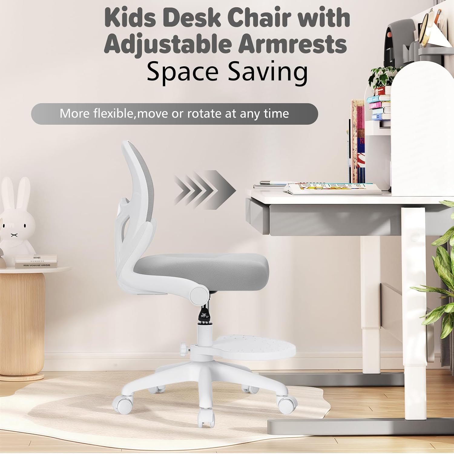Kids Desk Chair Ergonomic Study Chair with Flipped Armrest and Footrest Swivel Mesh Desk Chair with Wheels Home Office Chair for Children in Home Bedroom Grey
