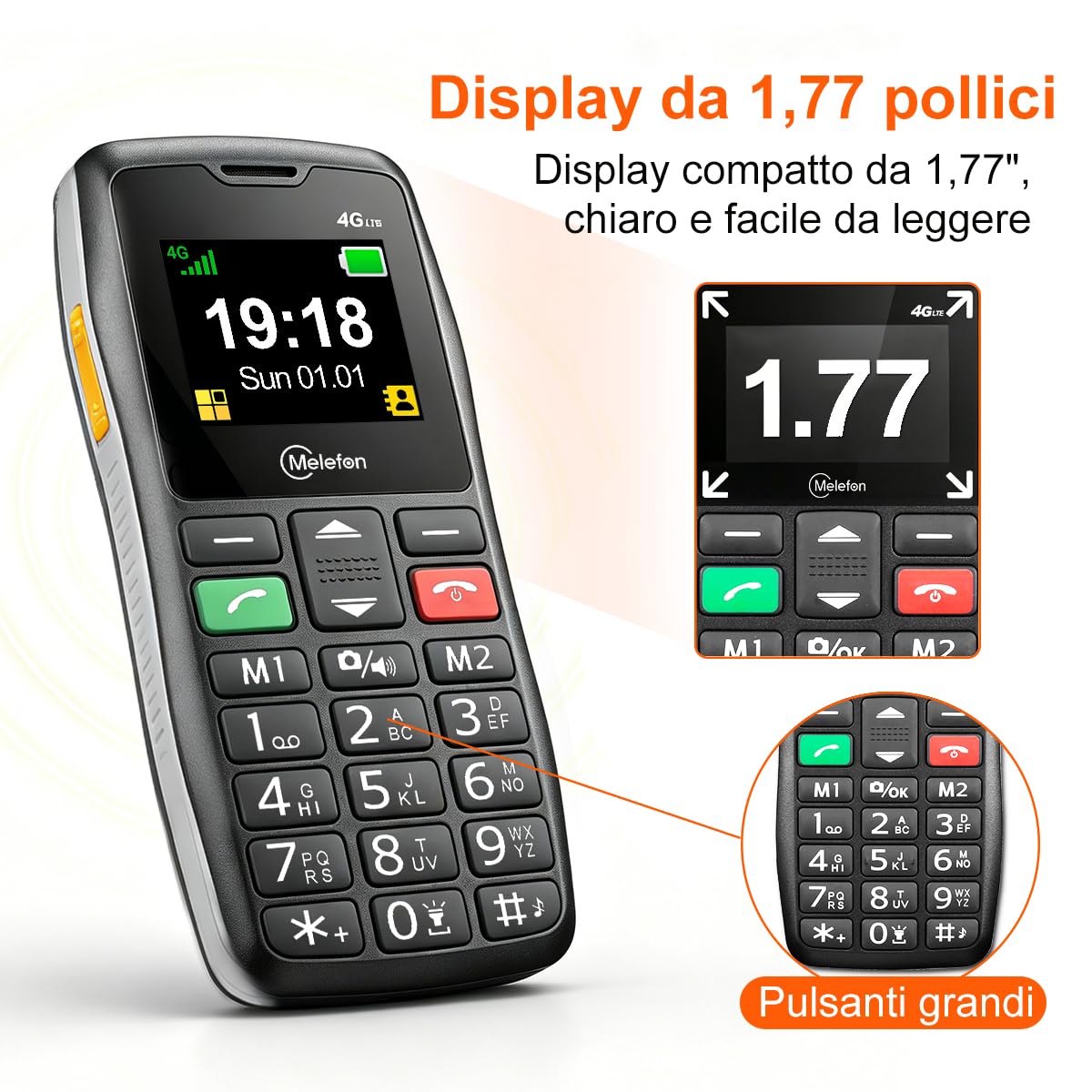 Telefono 4G per Anziani,Tasti Grandi,SOS,Base di Ricarica,Blocco Laterale | Senza Contratto,Facile da Usare,Chiamata Rapida M1/M2,Volume Alto,Ricarica USB-C,Radio FM,Torcia LED