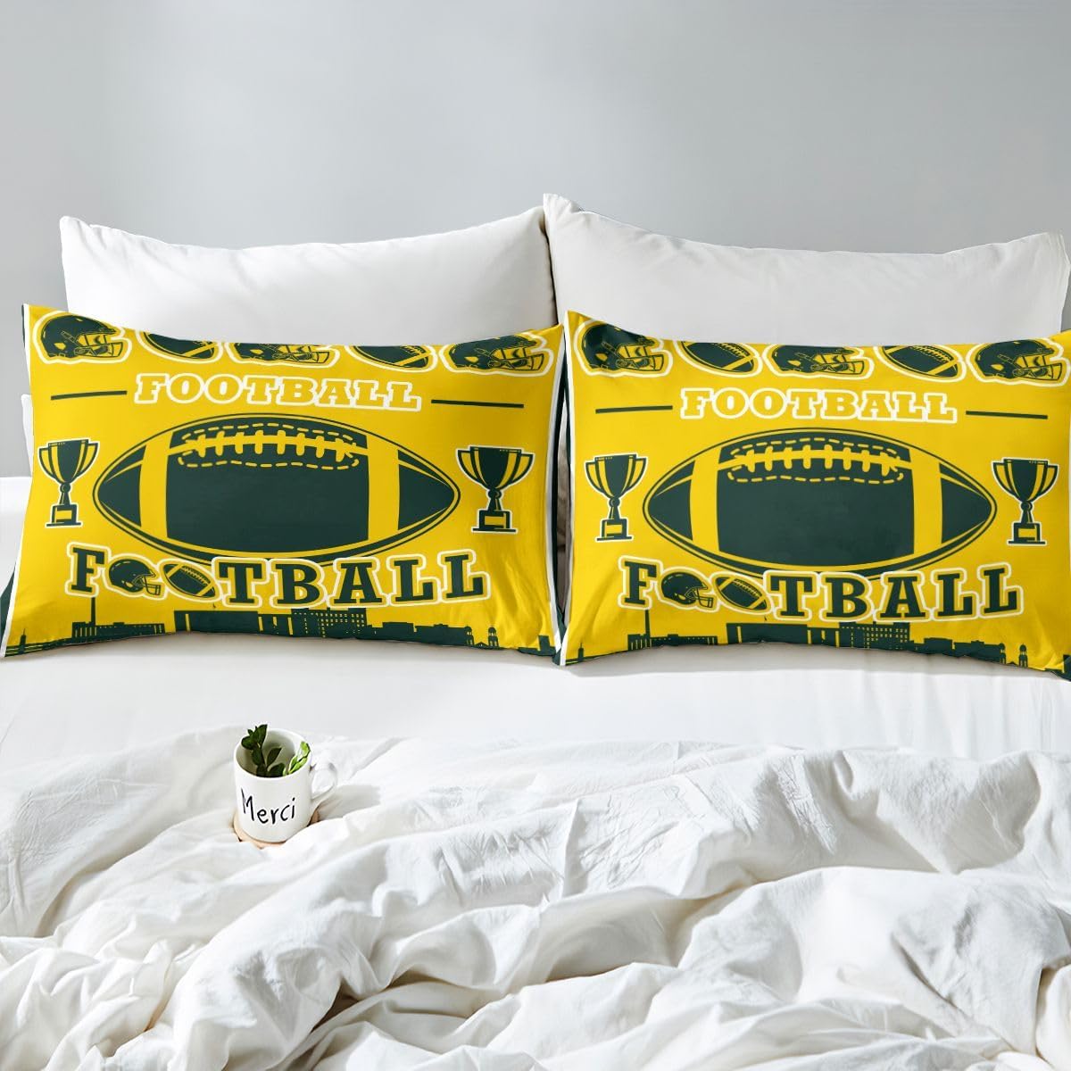 Erosebridal Football Sheets Full Size,Rugby Ball Game Bed Sheets for Sports Fans,Football City Silhouette Bedding Set for Kids Boys Men Adult,Yellow Green Rugby Flat Fitted Sheet