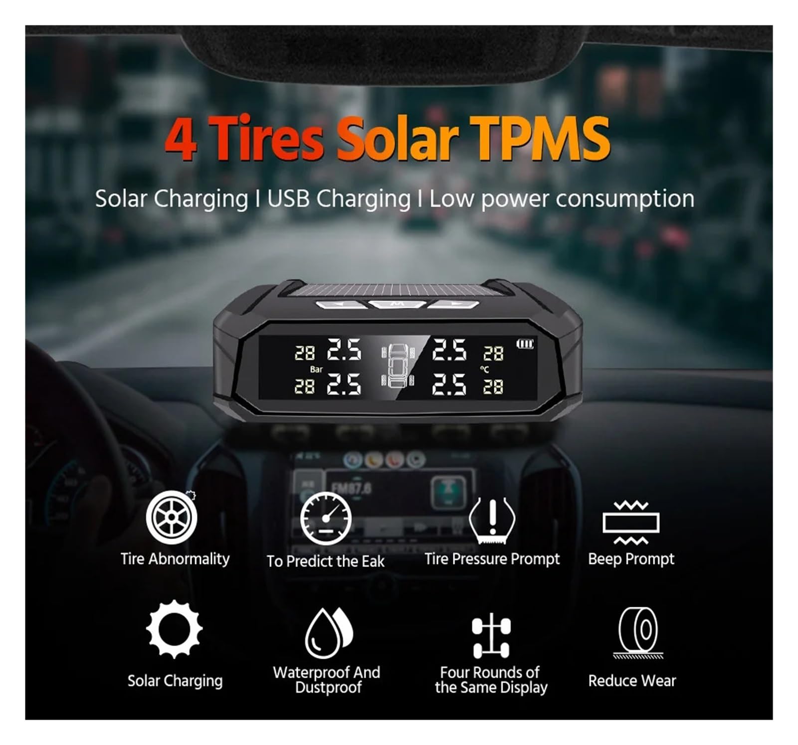 Zegar Słoneczny TPMS Automatyczny System Monitorowania Ciśnienia W Oponach 4 Czujniki 8 Barów Ciśnienie Odpowiednie Dla Różnych Pojazdów Precyzyjne Wykrywanie(K10P-internal Sensor)