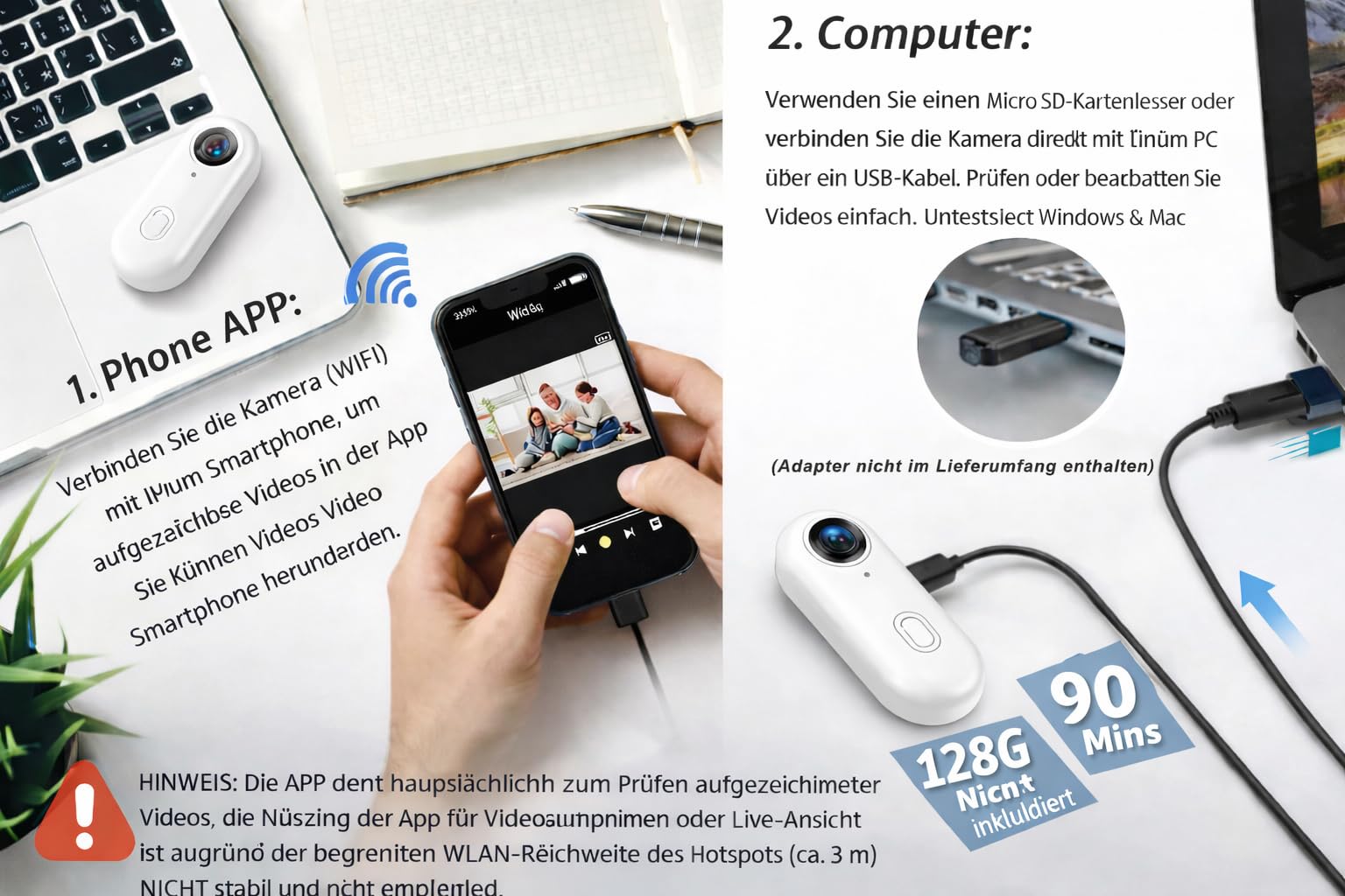 4K Action Cam Mini Bodycam WLAN mit App, Magnetische Mini Körperkamera, 360° Drehclip, POV Kopfkamera, Tragbare Wearable Sportkamera, Wasserdicht Helmkamera Motorrad Fahrrad für Vlog Haustiere Weiß