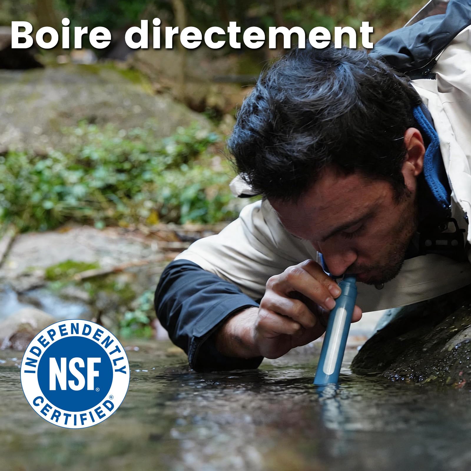 Paille Filtrante Survie 0.01µm Filtre Eau Portable avec Fenêtre de Visualisation Élimine 99.99% des Impuretés 3000L de Filtration Léger 50g Pour Camping Randonnée Urgence Voyage (Bleu * 4)