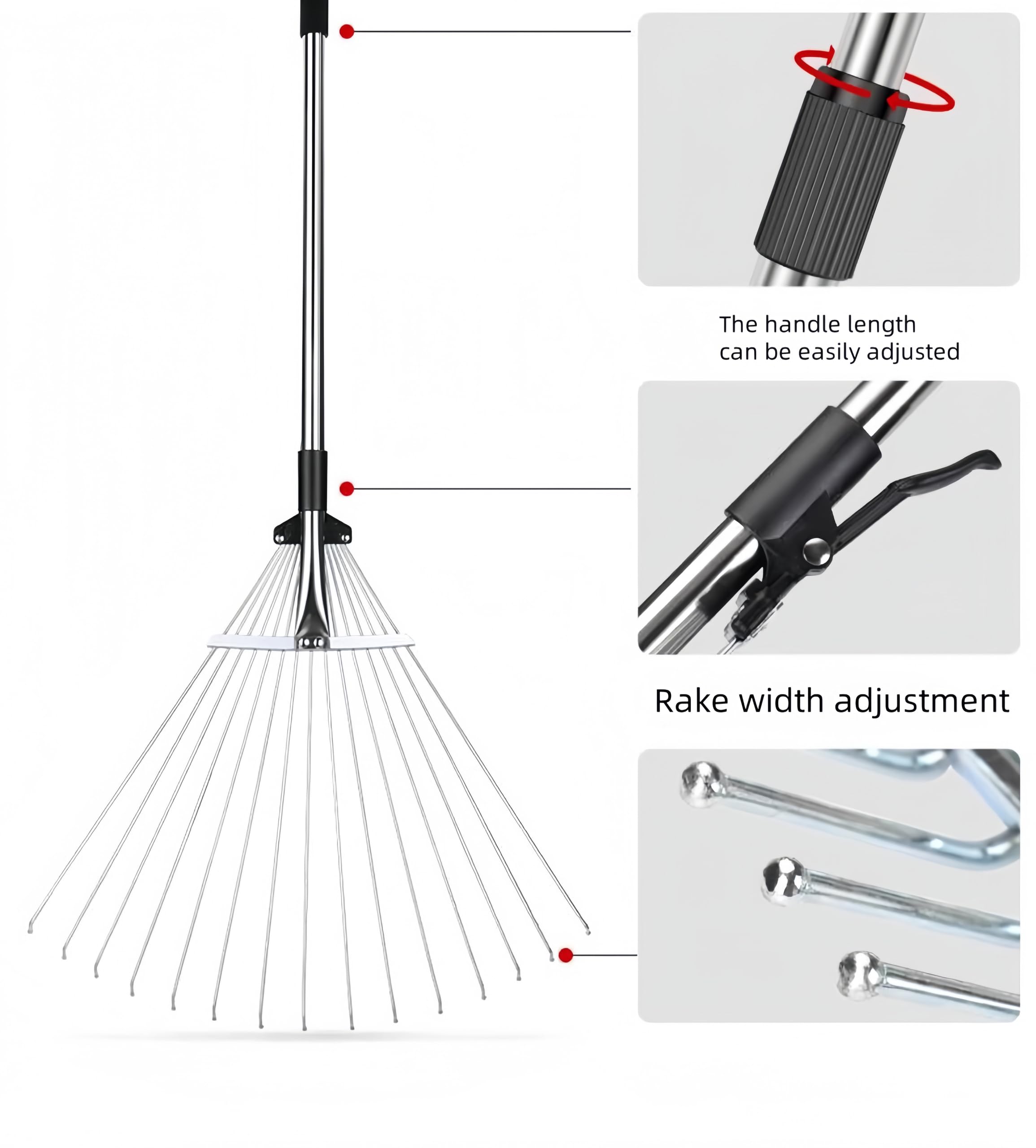 Rastrello da giardino per foglie, rastrello regolabile in metallo resistente per prati, manico lungo 85-175 cm con testa espandibile 17-37 cm, attrezzi da giardino per cortile, prato, arbusti, aiuole
