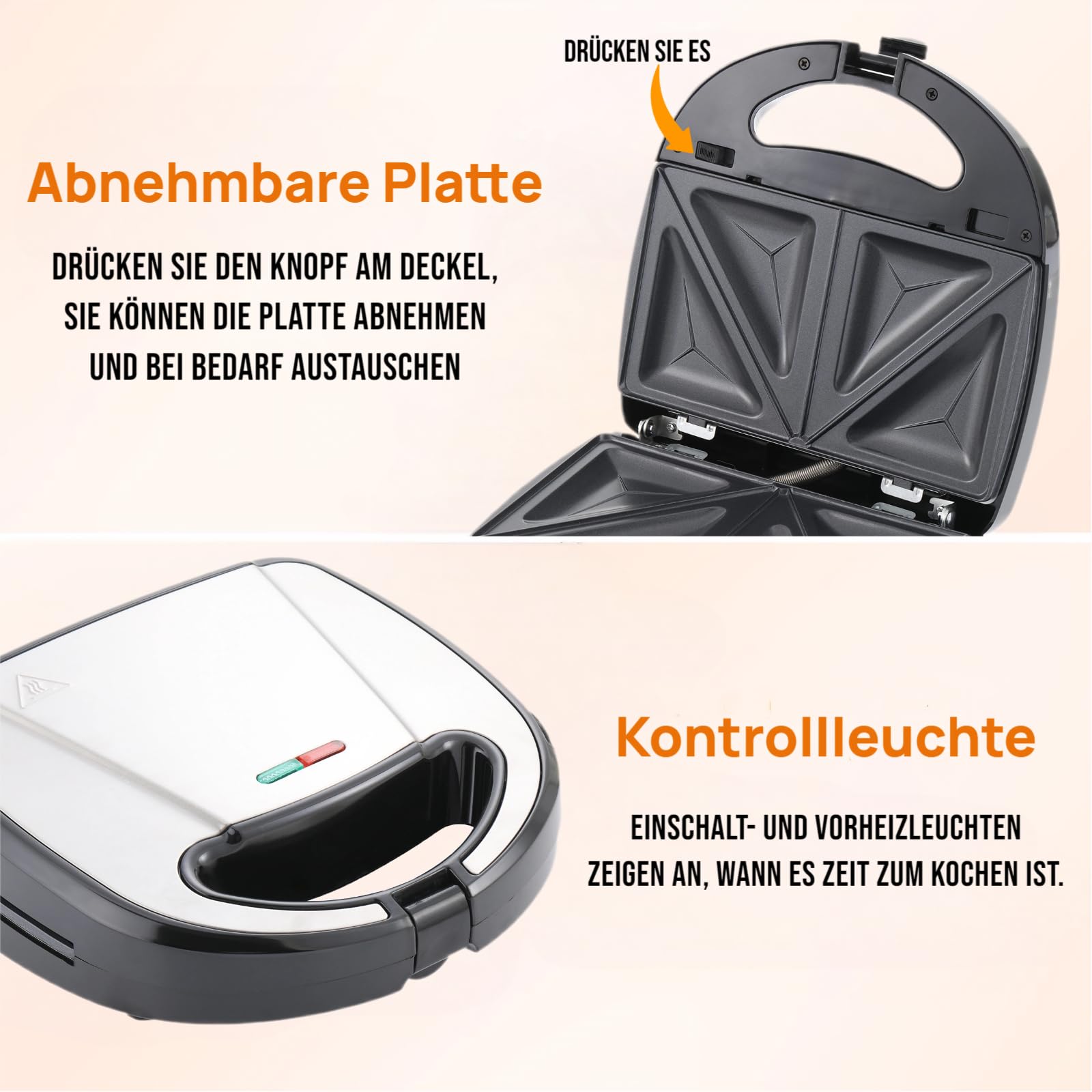 OKYUK Sandwichmaker mit 6 wechselbaren Platten, 750W Sandwichtoaster Waffeleisen mit Antihaftbeschichtung für Frühstück, Panini und Grillen