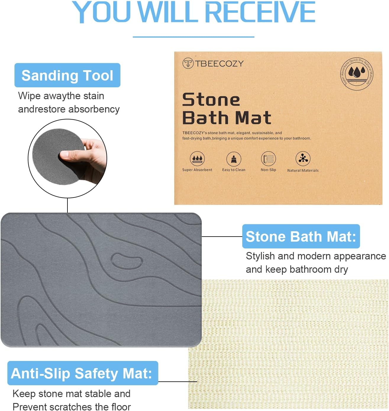 Stone Bath Mat, 20"x30" Large Size Diatomite Fast Drying Non Slip Stone Shower Mat, Super Absorbent for Bathroom & Kitchen, Multi-Use as Pet Mat, Easy to Clean, Gray