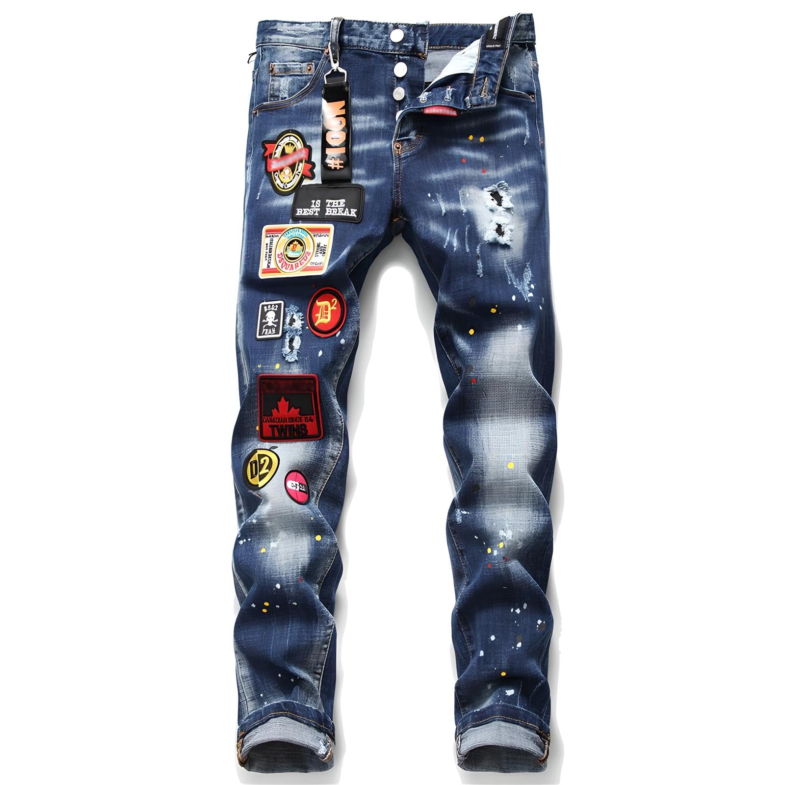 Jeans Uomo Slim Fit Strappati - Pantaloni in Denim Elasticizzato con Effetto Vernice Schizzata, Design Streetwear Ricamati Y2K, Stile Hip-Hop Casual per Outfit alla Moda