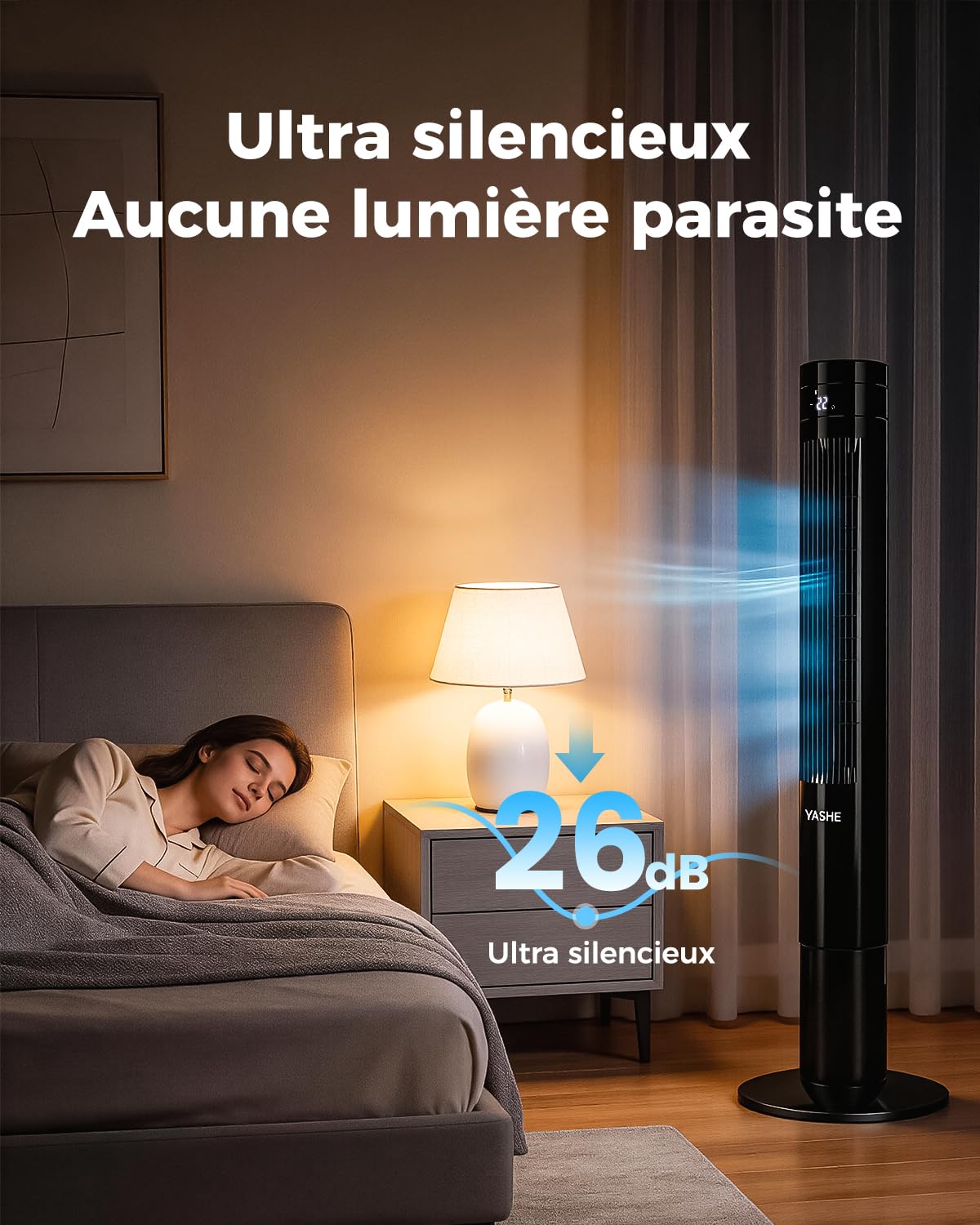 YASHE Ventilateur colonne 110 cm silencieux avec télécommande, ventilateur 28 dB sans pales, oscillation à 85°, minuterie 12 h, 3 modes et 3 vitesses, affichage LED, pour chambre et bureau