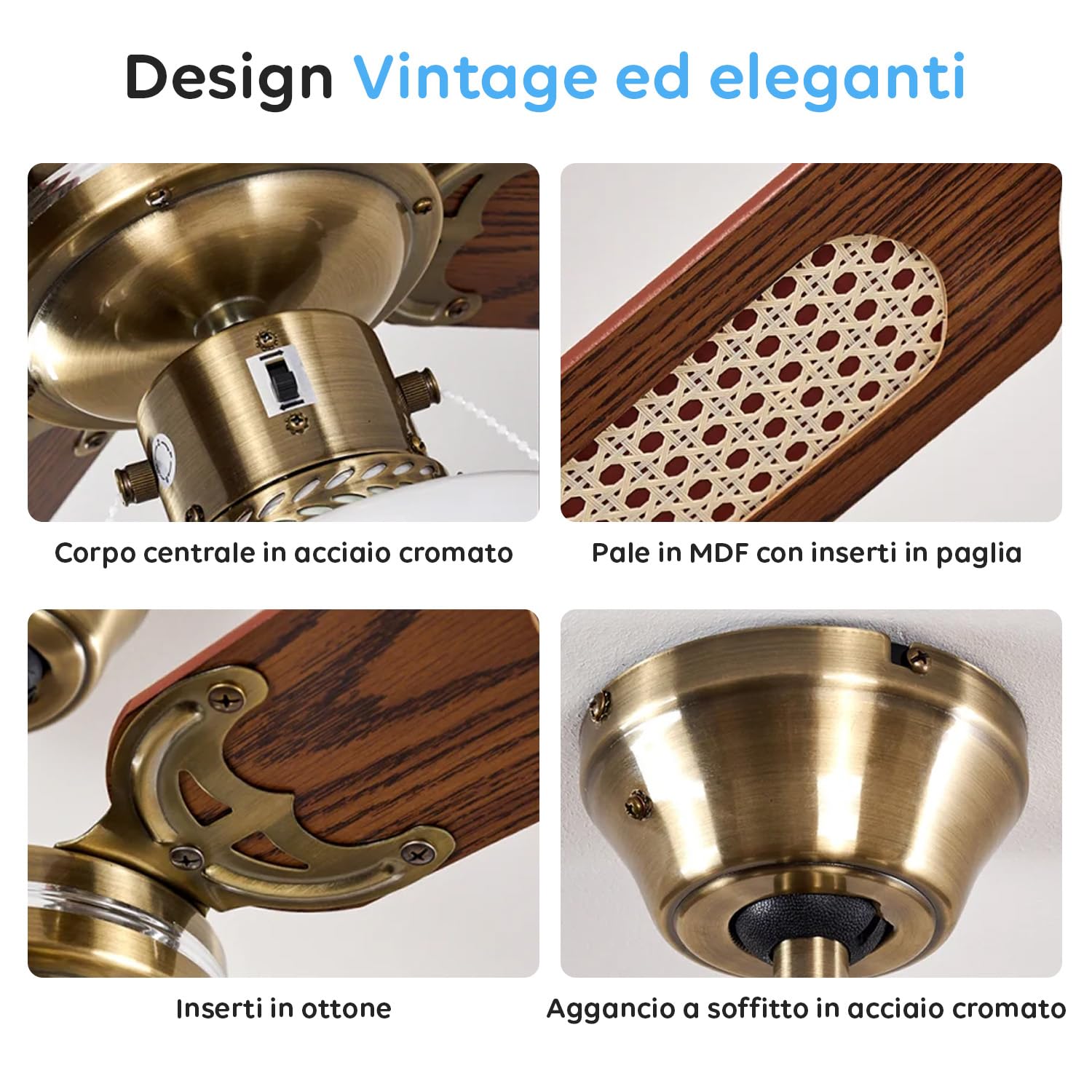 Wintem - Ventilatore da Soffitto 60W con Luce Ø106 cm con Pale in Legno per Ambienti Domestici e Lavorativi, Illuminazione Integrata da Lampada E27, Motore Silenzioso e Rotazione Reversibile