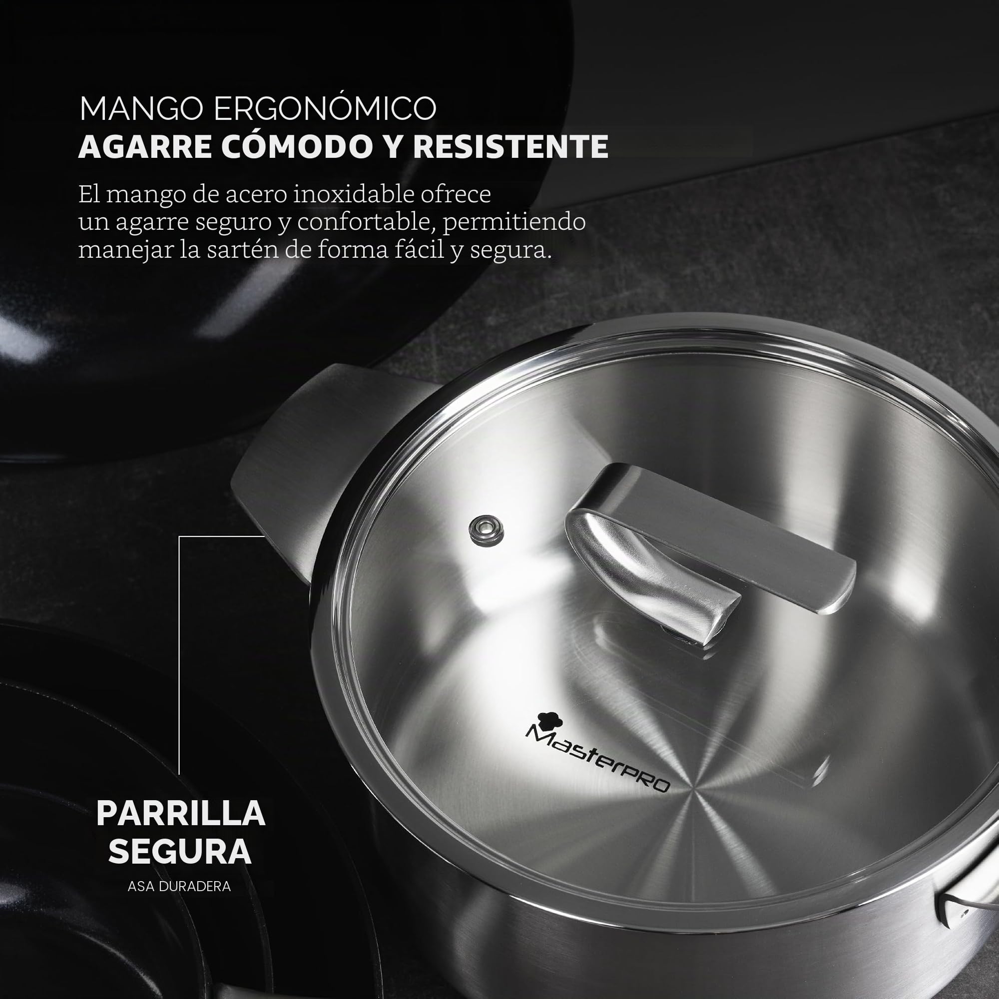MasterPro SIGMA - Cacerola Grande con Tapa 9.2L 28x15 cm Acero Inoxidable - Multi-capa - Mango Duradero - Medidor Interno - Adecuada para Diversas Fuentes de Calor