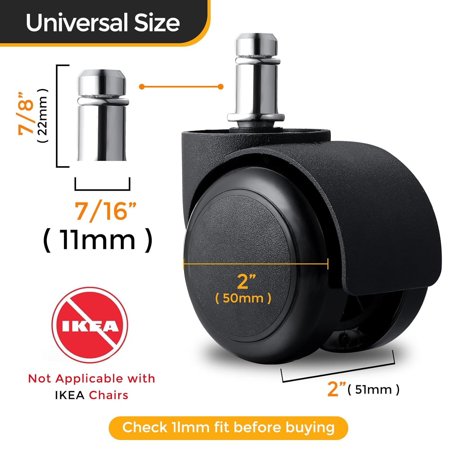 2 inch Office Chair Wheels Heavy Duty Replacement Casters, Universal Standard Stem Fits 99% of Chairs, Smooth & Quiet Roll on All Floors, 200 lbs Load Capacity per Wheel, Set of 5
