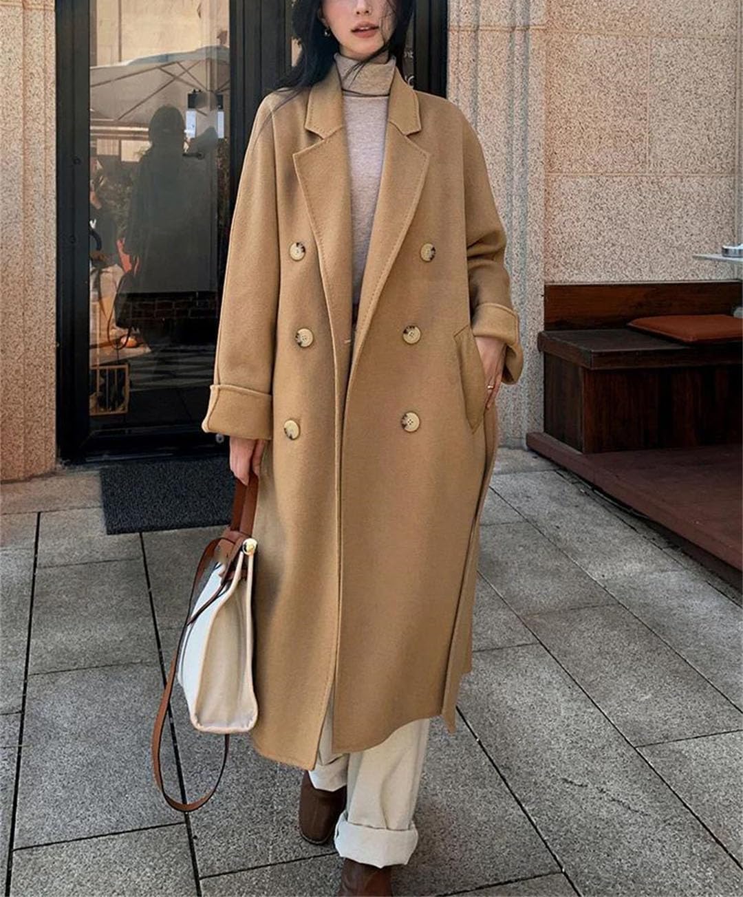 Abrigo clásico de lana reversible de cachemira para mujer, abrigo largo de lana para invierno, rompevientos casual con cinturón